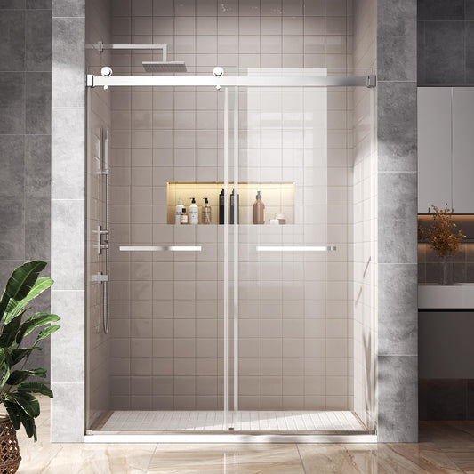 BATHWILLER 44"-48" W x 76" H Double Sliding Shower Door, 5/16" (8mm) Clear Tempered Glass Frameless Shower Door with Nano Easy Clean Coating, Stainless Steel Hardware, Chrome