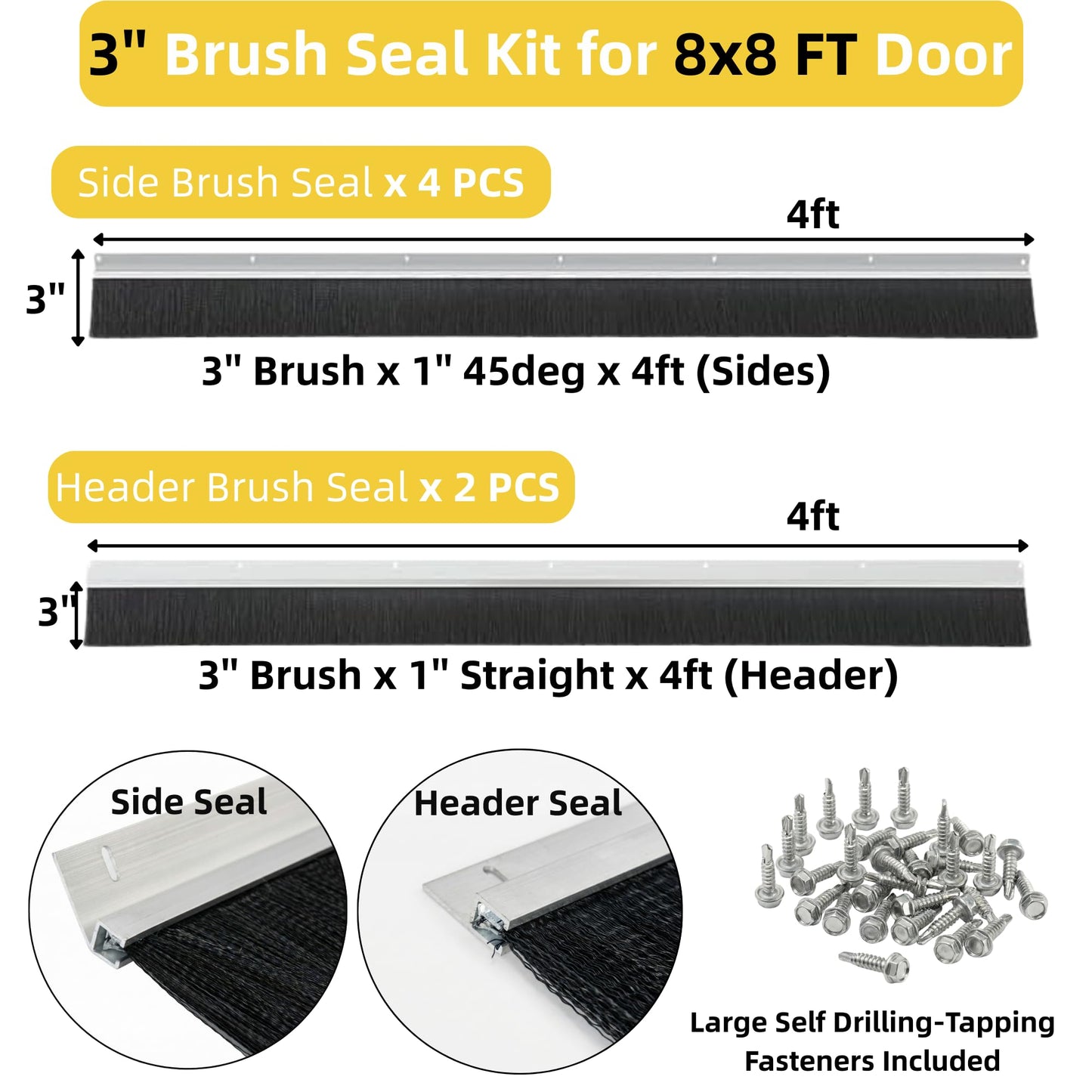 Mindoub 24 FT Garage Door Brush Seal Kit for 8'W X 8'H Doors, 3" High-Density Long Nylon Bristle with Pre-Drilled Aluminum Track, Complete Top and Side Weather Stripping for Roll Up & Sectional Doors