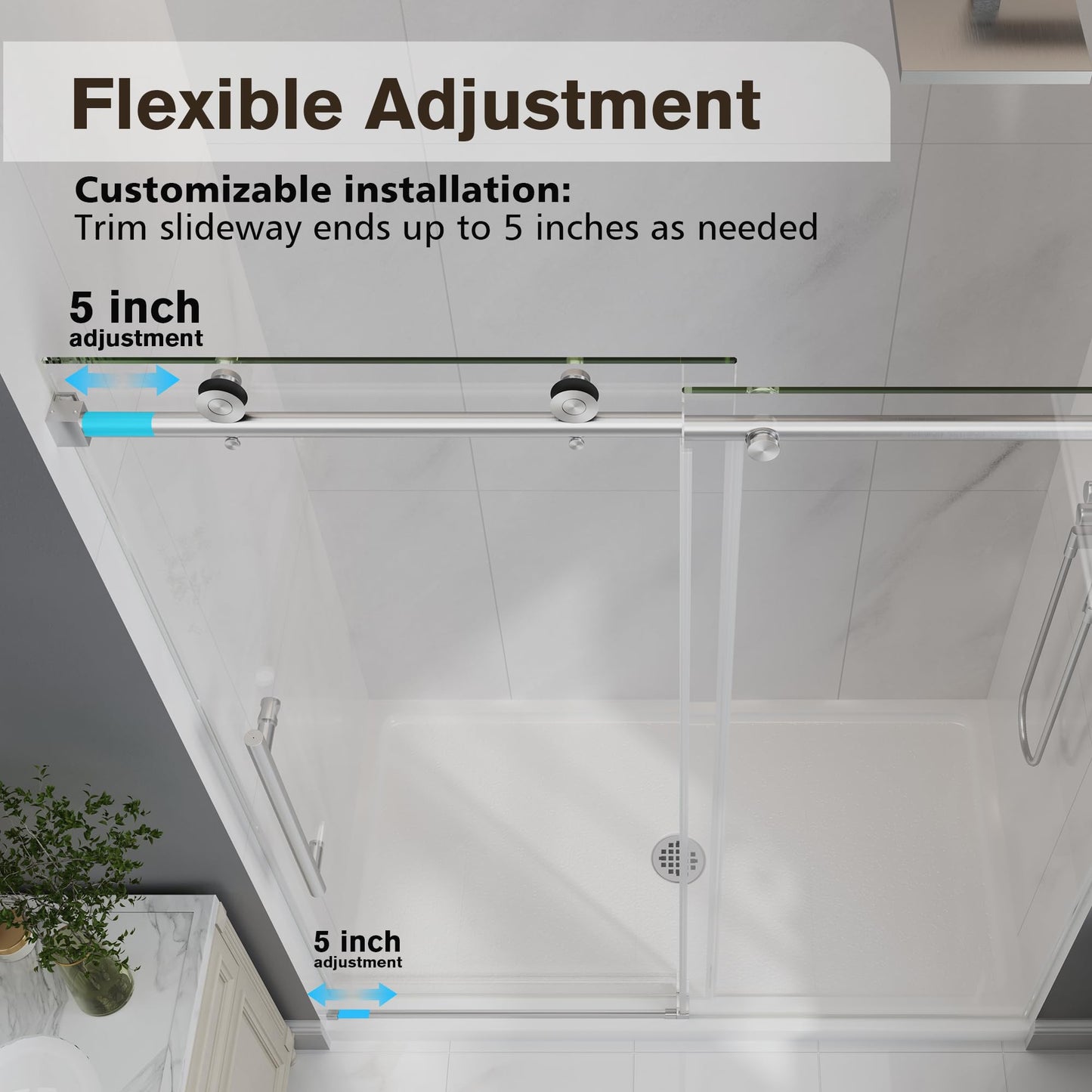 EASYWORC Frameless Glass Shower Door, 43-48" W x 76" H Sliding Frameless Shower Door, 1/4''(6mm) SGCC Tempered Glass, Explosion-Proof Film Nano Coating, Stainless Steel Hardware, Brushed Nickel