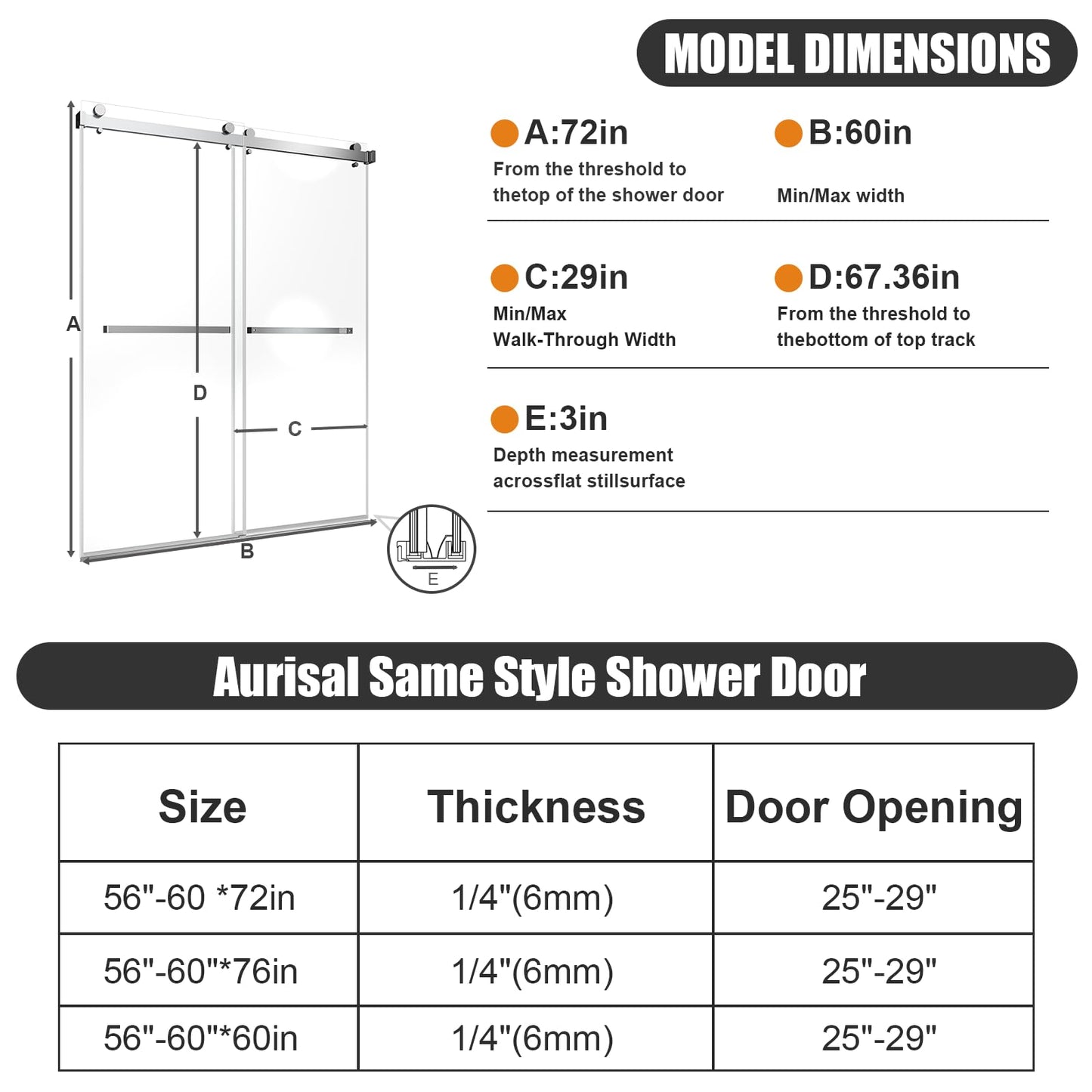 Frameless Stainless Steel Sliding Shower Door, 56-60" W x 72" H - 1/4” (6mm) Thick Tempered Glass Rust-Proof Glass Shower Door with Dual Tracks in Brushed Nickel