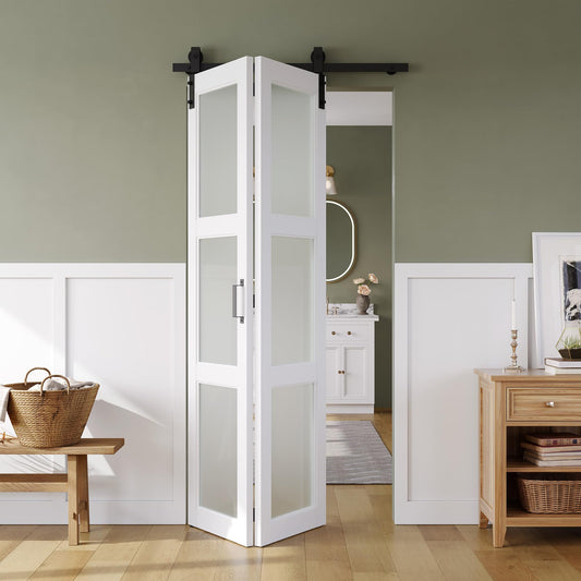 SMARTSTANDARD 36in x 84in Bifold Barn Door, Frosted Glass Barn Door with Hardware Kit Included, Pre-Drilled Holes Easy Assembly -Solid Barn Doors Slab Covered with Water-Proof PVC Surface, White