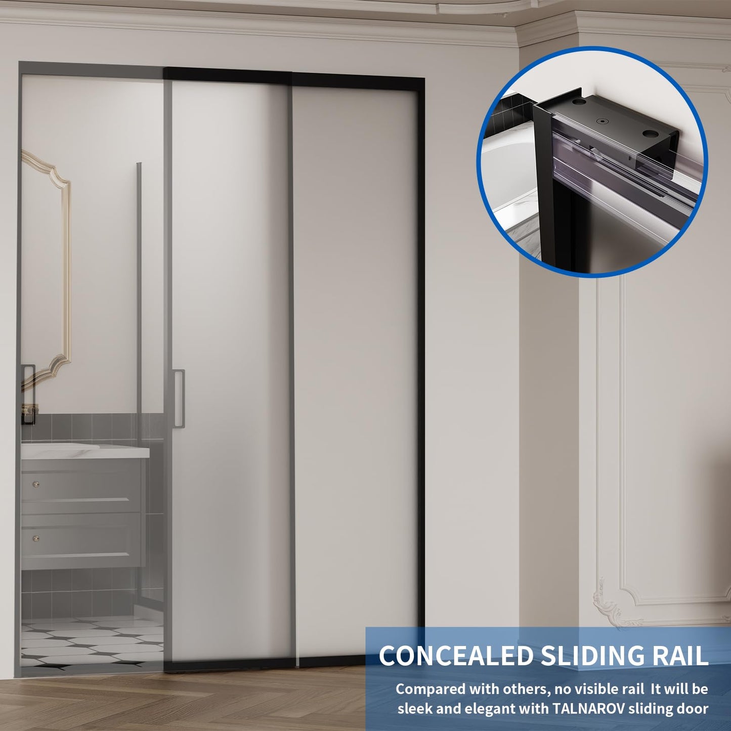 40 x 87 in Sliding Barn Door Concealed Rail, Softclose Glass Barn Door Matte Black, Easy Assembly Waterproof 5/16 in (8mm) Frosted Tempered Glass Privacy Protect, for 28"-36" Width and 75"-85" Height
