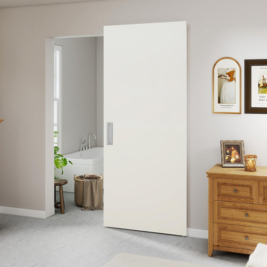BarnSmith 36"x84" Concealed Sliding Barn Door, White Primed Flush Solid Core Sliding Hidden Barn Door with Soft Close Installation Hardware and Double Sided Pulls Included