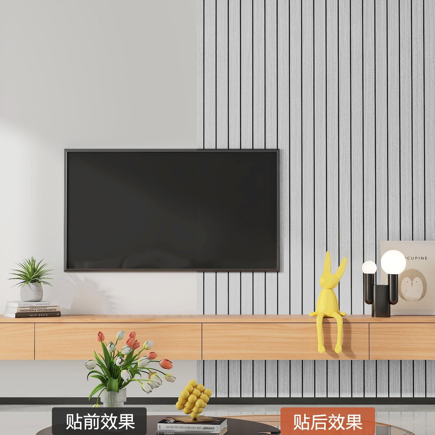 Yenhome 3D Textured Wood Slat Wall Panels, Soundproof Acoustic Panels for Interior Walls & Ceilings, Self-Adhesive Foam Panel with Grayish White Wood Modern Decor Office Home Theater Studio 12"X118"