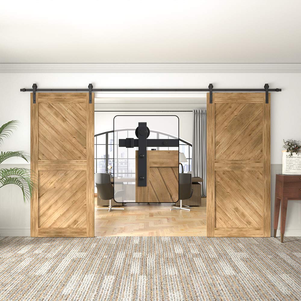 WINSOON 10FT Barn Door Hardware Kit: Double Sliding Door Hardware - Heavy Duty Black Barn Door Track Kit - Carbon Steel Sliding Barn Door Rail - J-Shape Easy to Install for 60" Closet Panel(No Door)