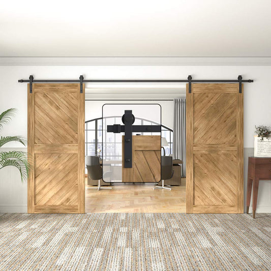 WINSOON 10FT Barn Door Hardware Kit: Double Sliding Door Hardware - Heavy Duty Black Barn Door Track Kit - Carbon Steel Sliding Barn Door Rail - J-Shape Easy to Install for 60" Closet Panel(No Door)