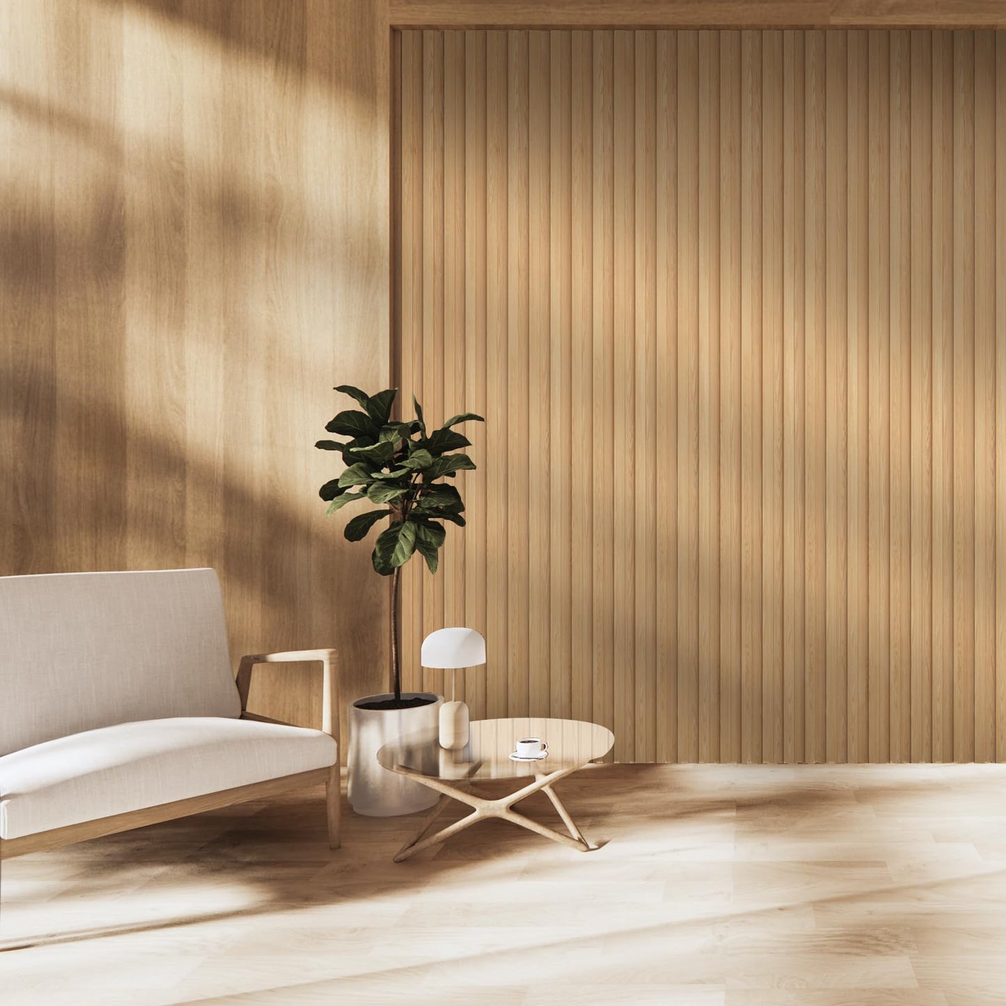 OUZUGIE WPC Acoustic Slat Wall Paneling, 8-Pack 96 x 6 Inches 3D Wall Panels for Interior Wall Decor,Living Room,TV Background,Study Room,Office Spaces,Bedroom,High Grille (Oak)