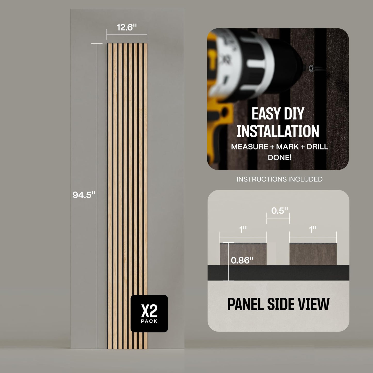 2-Pack Wood Panels for Wall - Acoustic Wood Slat Wall Panels, Soundproof Wooden Paneling for Interior Decor