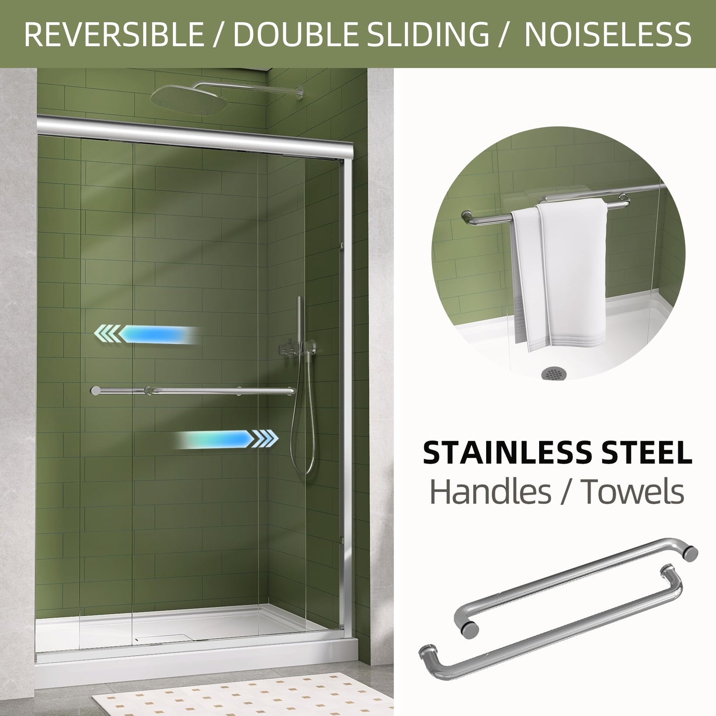 GETPRO Sliding Shower Door 44-48 in. W x 72 in. H Semi-Frameless Bypasss Double Sliding Glass Shower Doors,1/4 inch Clear Tempered Glass Door for Walk-in Shower Chrome