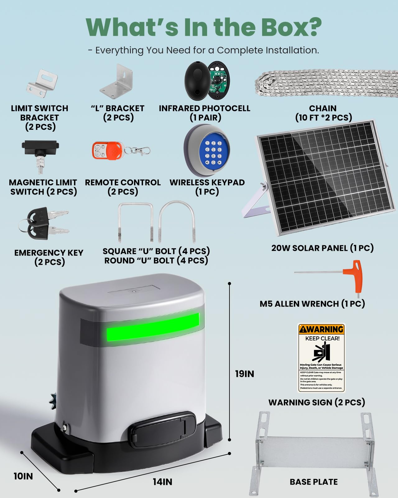 Spolehli 1300lb Sliding Gate Opener with Chain Drive & Solar Panel, WiFi/App & Keypad & Remote Control, Built-in Backup Battery & Infrared Safety Sensor - Complete Automatic Motor Kit for 40ft Gates