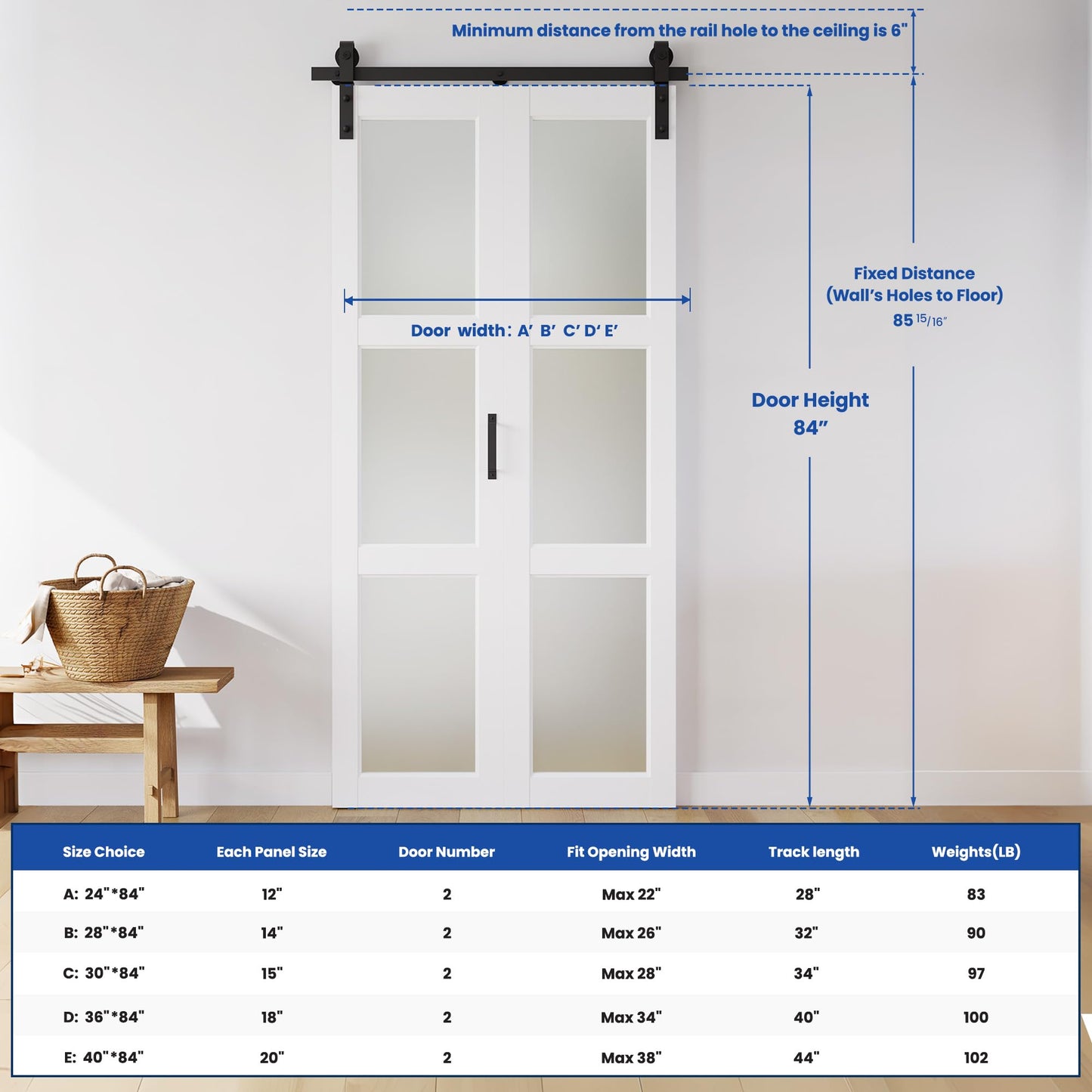 SMARTSTANDARD 36in x 84in Bifold Barn Door, Frosted Glass Barn Door with Hardware Kit Included, Pre-Drilled Holes Easy Assembly -Solid Barn Doors Slab Covered with Water-Proof PVC Surface, White