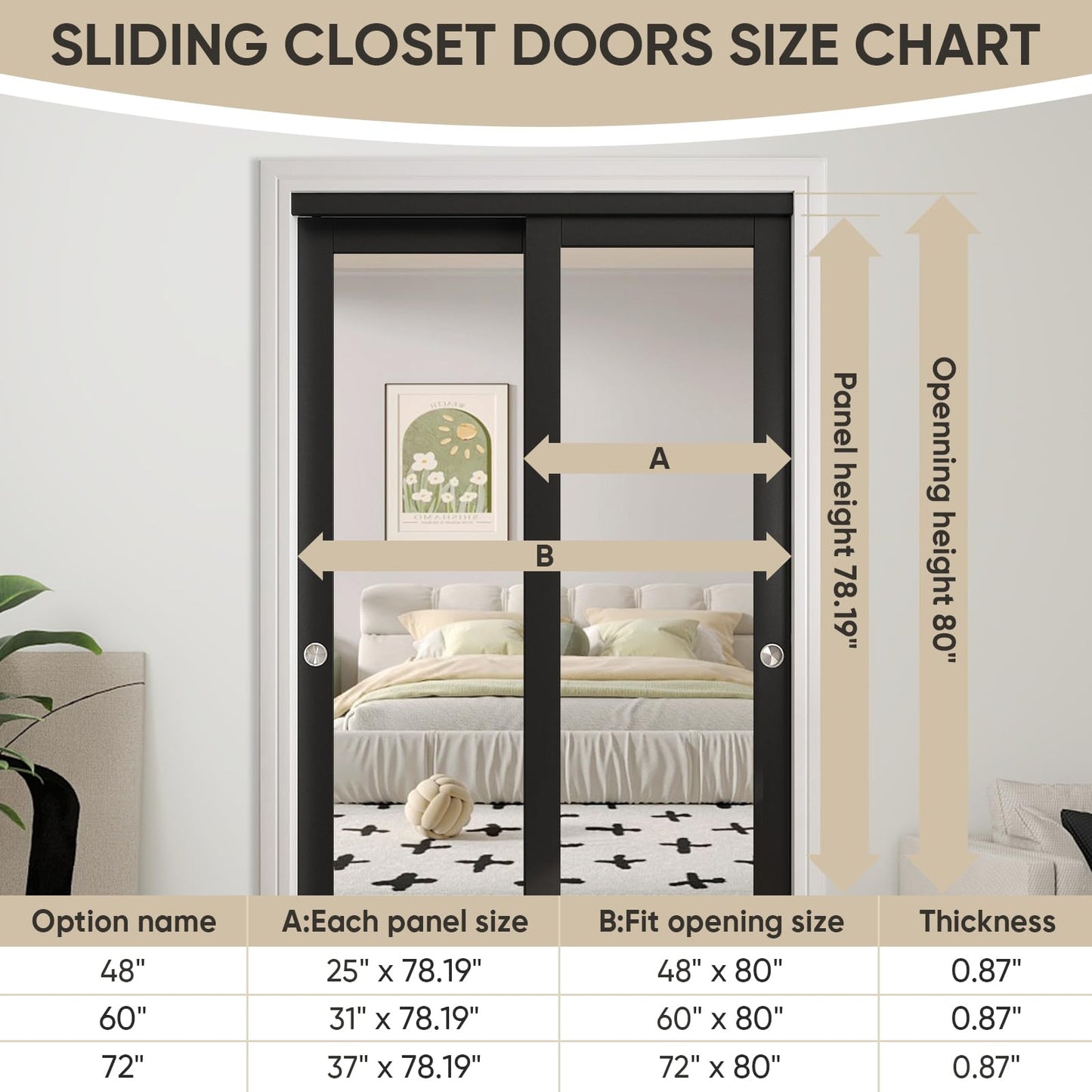 JUBEST 60" x 80" Mirror Closet Door, Preassembled One Side Mirror Door with Hardware Kit & Matching Fascia, Solid Wood Frame with Water-Proof PVC Surface, Easy to Install, Black