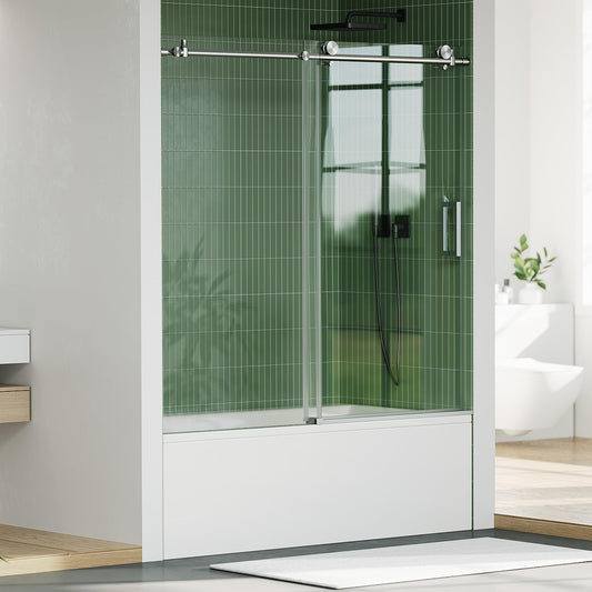 60" x 59" Frameless Sliding Tub Door – Brushed Stainless Steel Round Rail, 8mm Tempered Glass with Easy Clean Coating, Heavy Duty Roller System for Bathtub