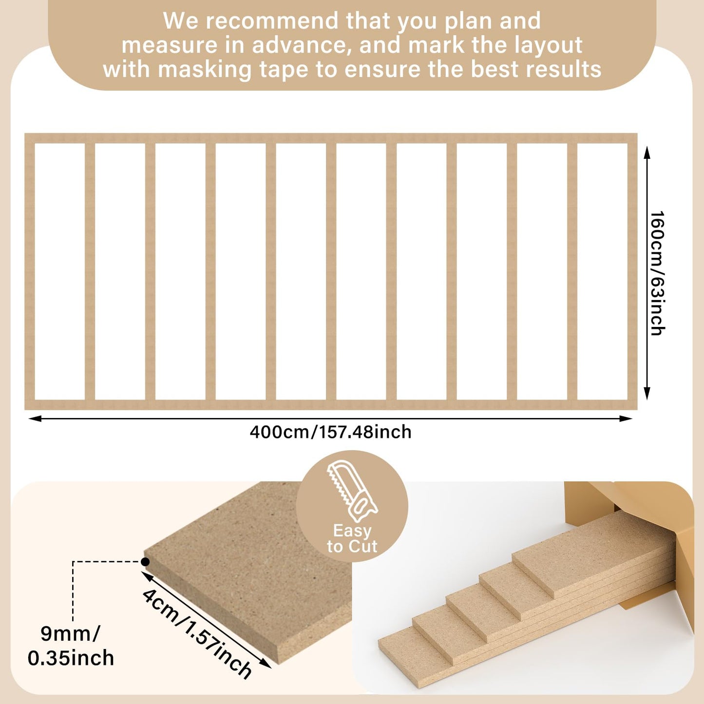 Weysat 1 Set 157.48 x 62.99 Inch MDF Board and Batten Wall Panel Kit Premade Wainscoting Panels Decorative Wall Molding Trim Slats Paintable Accent Kit for DIY Home Bedroom Living Room Decor