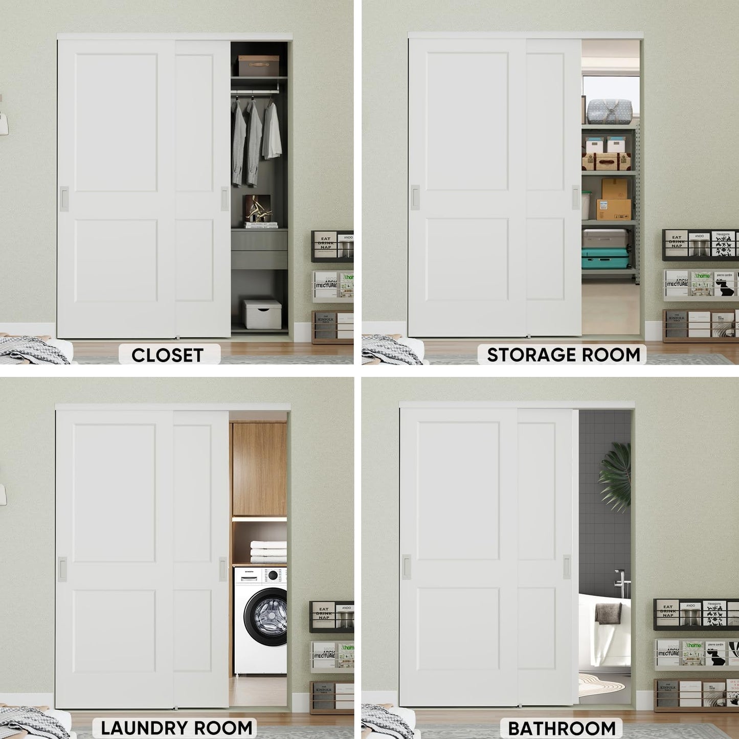 JUBEST 60in. x 80in. Bypass Closet Door, Flat 2 Panel Shaker Style White Primed Bypass Sliding Closet Door, Interior Doors with Hardware Kits Include, Pre-drilled, Paintable