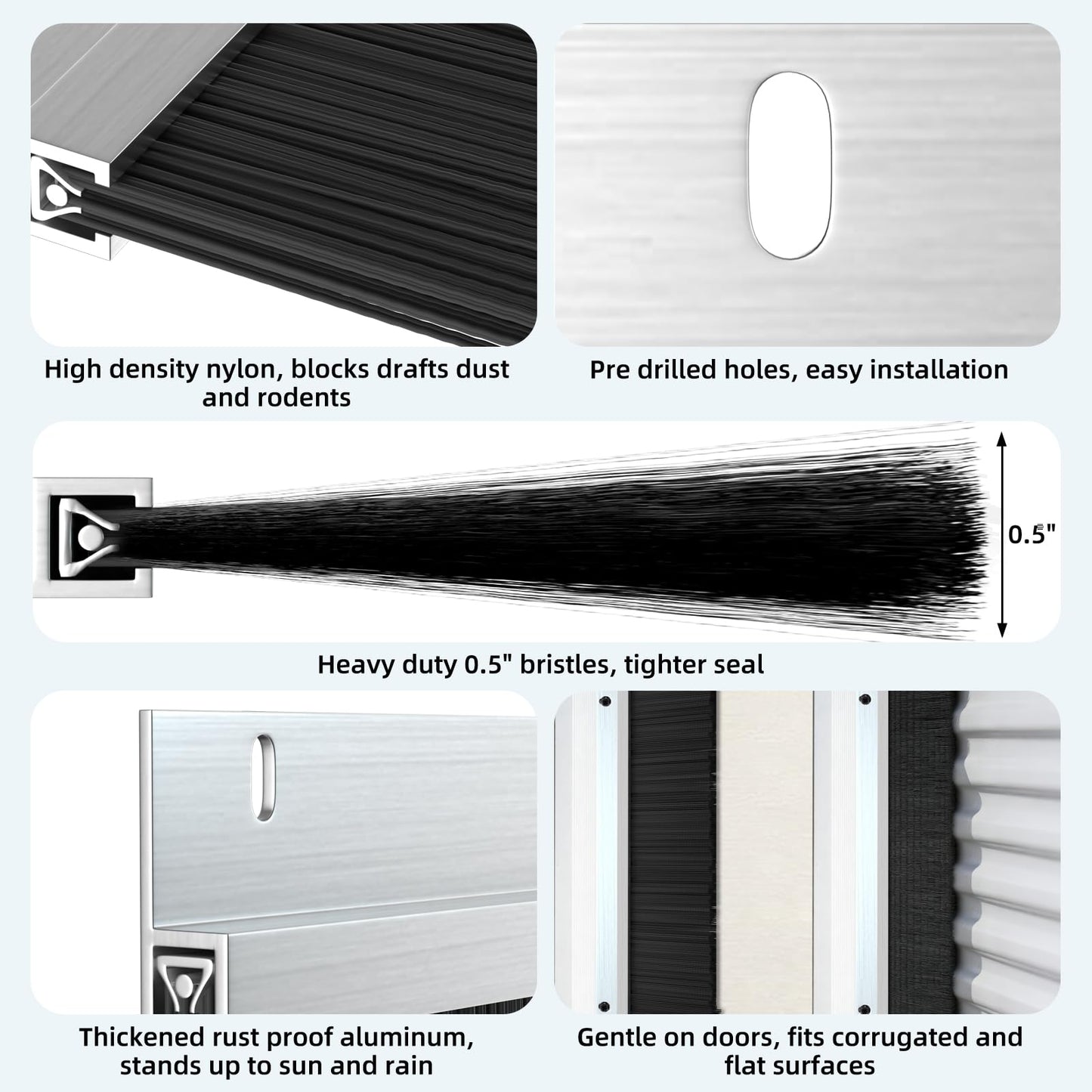 8 x 8 ft Garage Door Seal Kit, 3" Thickened Nylon Bristles with Aluminum Track, Heavy Duty Weather Roll Up Door Seal, for Commercial, Barn, Warehouse, Corrugated Doors, 2 Top & 4 Side Brushes