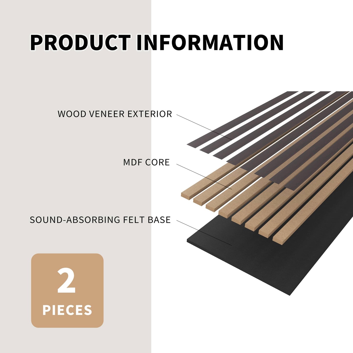 POHARE Wood Slat Wall Panels, 2 Pack Accent Decorative Acoustic Wood Slats for Wall and Ceilings, Acoustic Panels for Interior Wall Décor on Felt Back Board, Black-Brown Oak, 8 x 1 ft