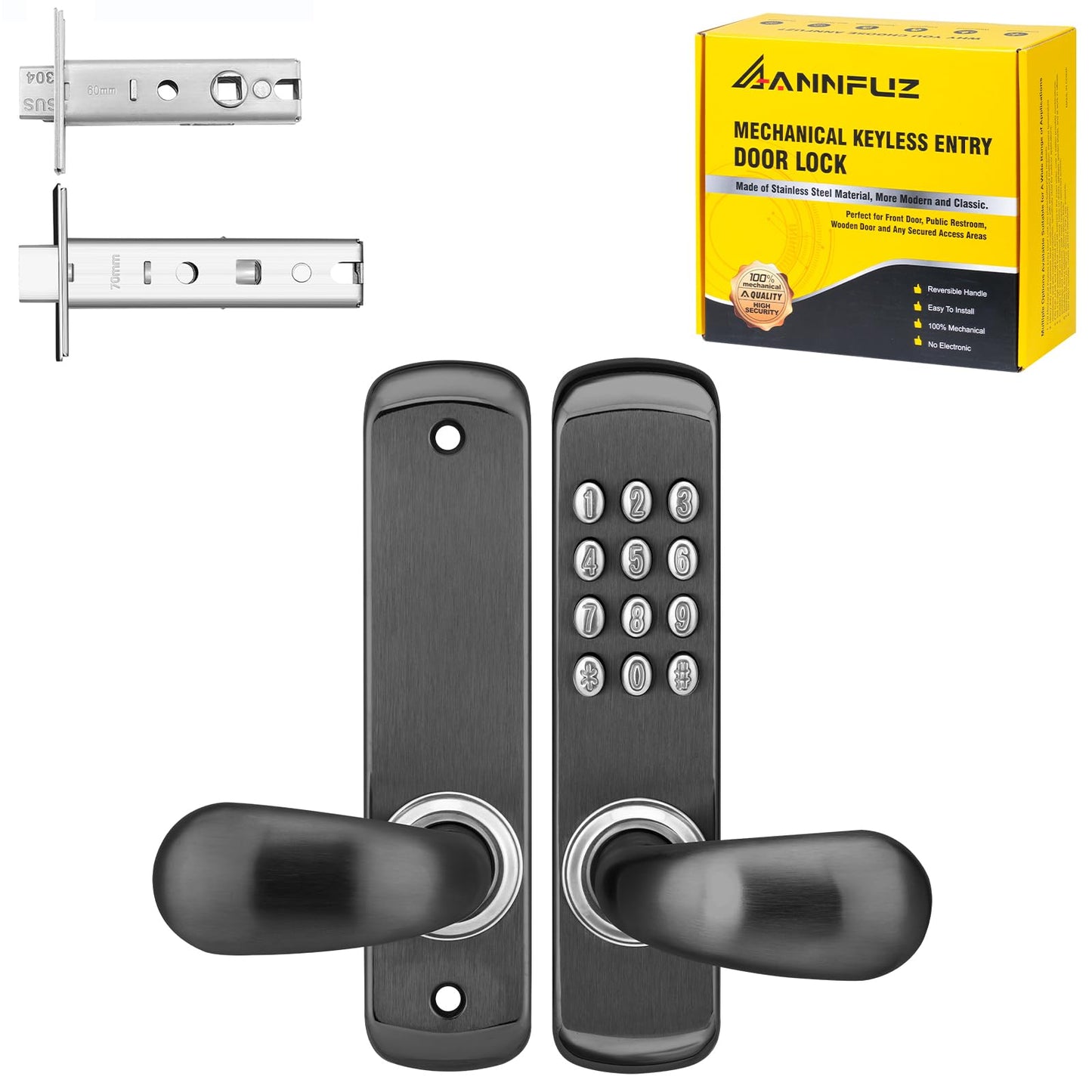 ANNFUZ Stainless Steel Mechanical Digit Keypad Handle Door Lock,Commercial Keyless Push Button Code Door Lever,Single-Sided Combination &Interior Non-Locking,Exterior Auto-Lock,Entry,Outdoor,Black