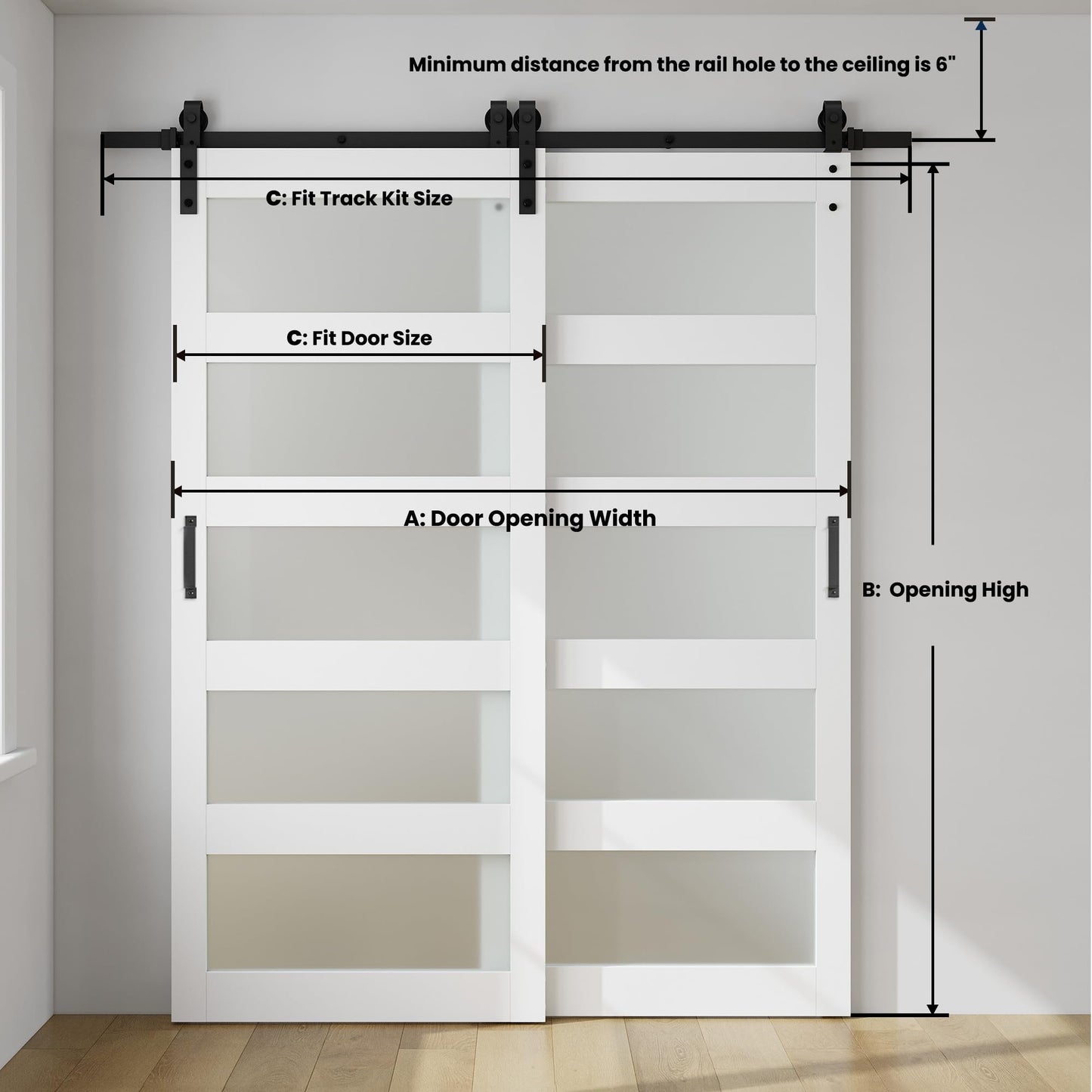 SmartStandard 42in x 84in Double Glass Sliding Barn Door with 7FT Bypass Sliding Barn Door Hardware Kit, 5-Panel Frosted Glass,Waterproof, Save Space, Easy Install, Fit 72"-76" Openning, White