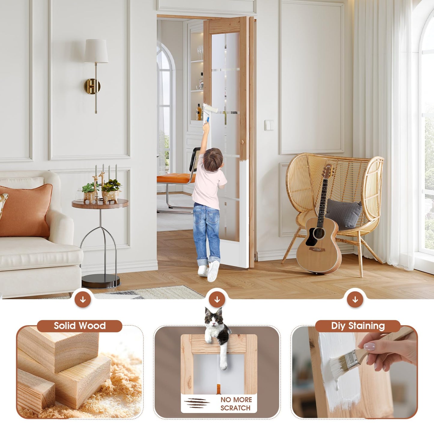Preassembled Bi-Fold Doors, for 36 x 80 inch Opening,Tempered Frosted Glass Cross Transparent Folding Barn Door with Concealed Hardware Kit,Wood French Doors,Easy Installation