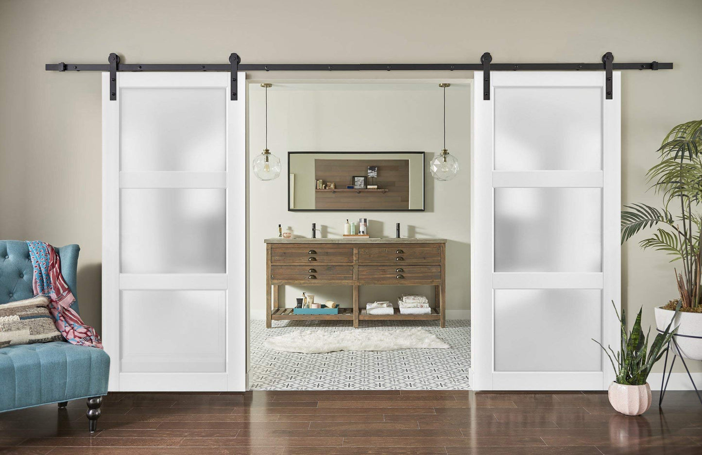 SARTODOORS Sliding Double Barn Doors with Hardware | Lucia 2552 White Silk with Opaque Glass | 13FT Rail Sturdy Set | Interior Bedroom Bathroom Door -84" x 96" (2 * 42x96)-Frosted Glass-Black Rail