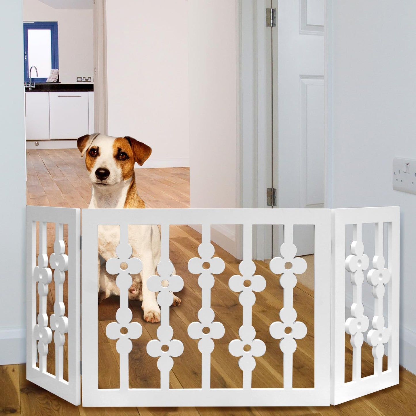 Etna White Floral Wooden Pet Gate - Freestanding Foldable Adjustable 3-Section Dog Gate. Extra Wide, Keeps Pets Safe Indoors/Outdoors - Fully Assembled