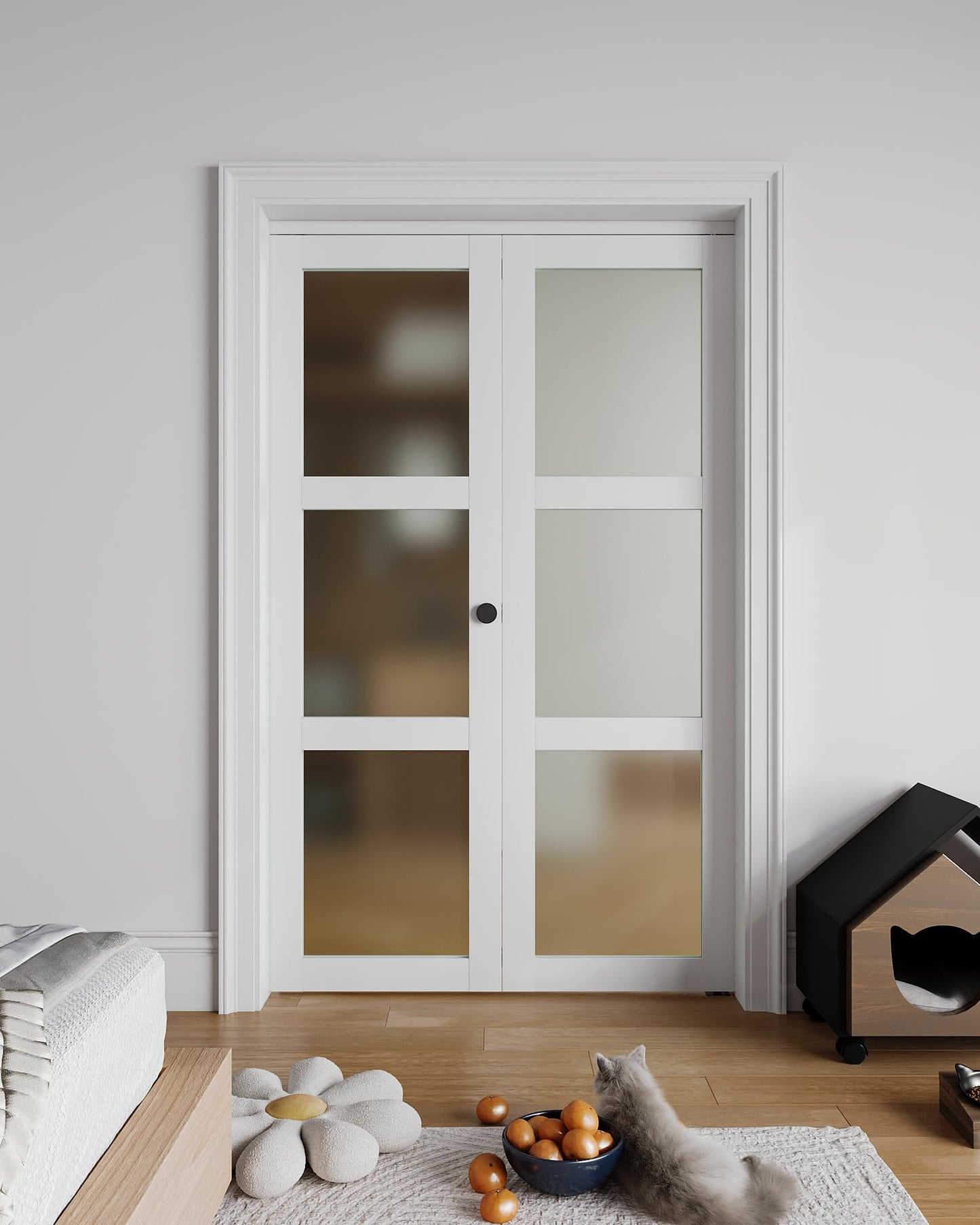 Bifold Closet Doors for 32"x 80" Opening, Tempered Frosted Glass Accordion Barn Door with Concealed Hardware Kit Included, Closet Door for Water-Proof PVC White Surface, Easy Install