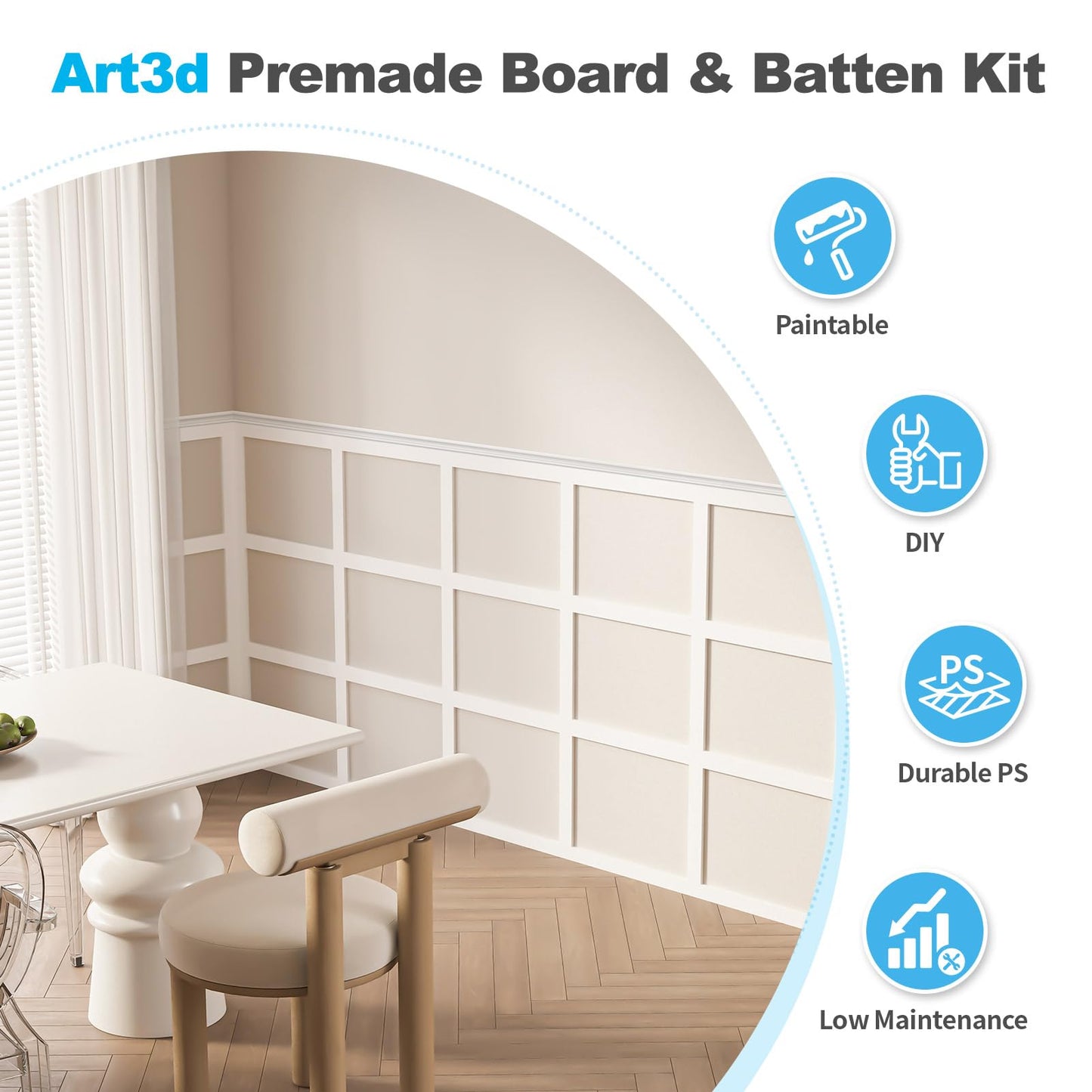 Art3d Precut Board and Batten Wainscoting Panel Kit Covers 10Ft. - Paintable Molding Trim Slat with Edge Strip, Ready to Assemble Accent Wall Decor for Living Room Dining Room Hallway, White