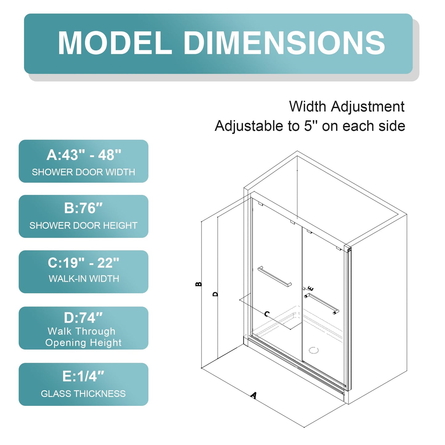 KPUY Glass Shower Door, 43-48" W x 76" H Semi-Frameless Double Sliding Shower Door, 1/4" (6mm) Thick Tempered Clear Glass with Explosion-Proof Film Nano Coating, Matte Black