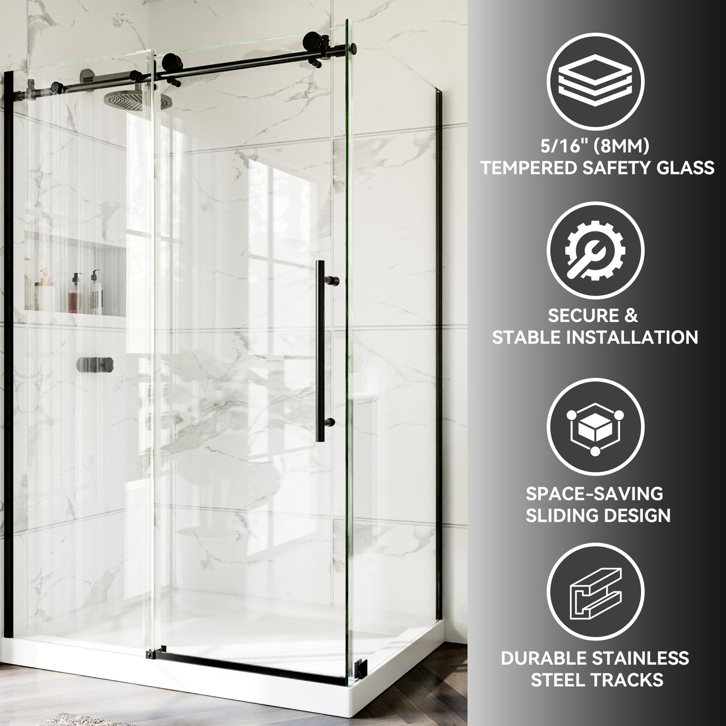 44-48" W x 32" D x 72" H Frameless Shower Enclosure, Sliding Corner Shower Door with 5/16" (8mm) SGCC Certified Clear Tempered Glass, Stainless Handle, Matte Black Finish (Shower Base Not Included)