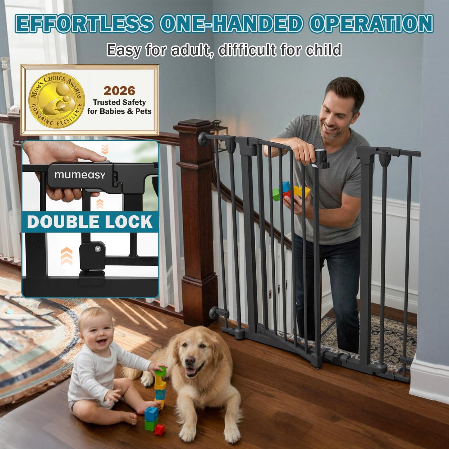 Mumeasy 80" Extra Wide Baby Gate for Doorways, Stairs & Fireplace, Auto Close Dog & Pet Gate with Walk Thru Door, 3 Metal Panels, Hardware Mounted Child Safety Fence for House, Indoor/Outdoor, Black