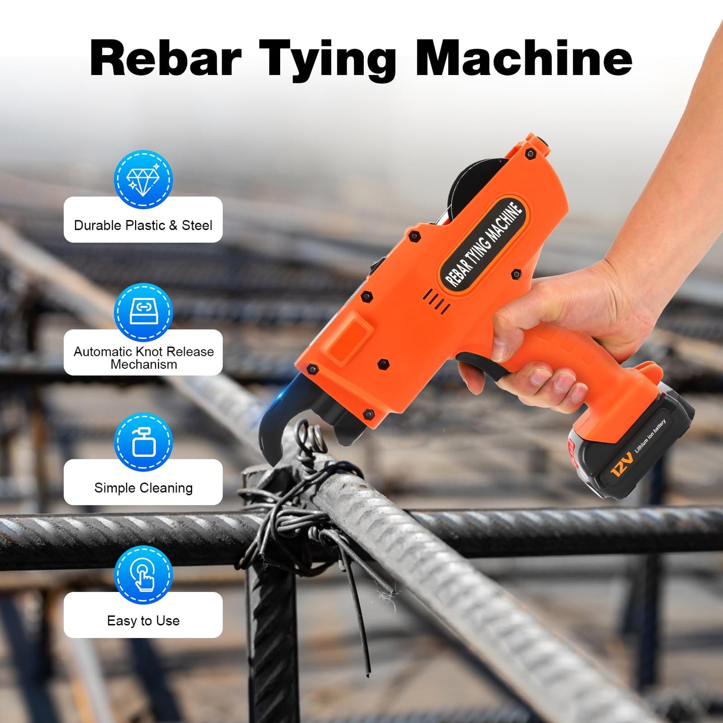 ARLIGAADUO Automatic Rebar Tie Gun, Cordless Rebar Tying Machine, 8-34mm Automatic Rebar Tie Wire Twister, Rebar Tying Tool w/Pliers + 2pcs 4500mAh Batteries for Steel Bar Rod Tying Binding