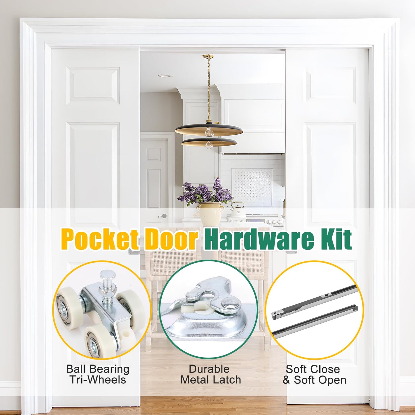 Lashow 72 Inch Porcket Door Hardware Kits with Soft Close & Soft Open, Sliding Pocket Door Hardware with 6ft Aluminum Track for New Building, No Door Included.