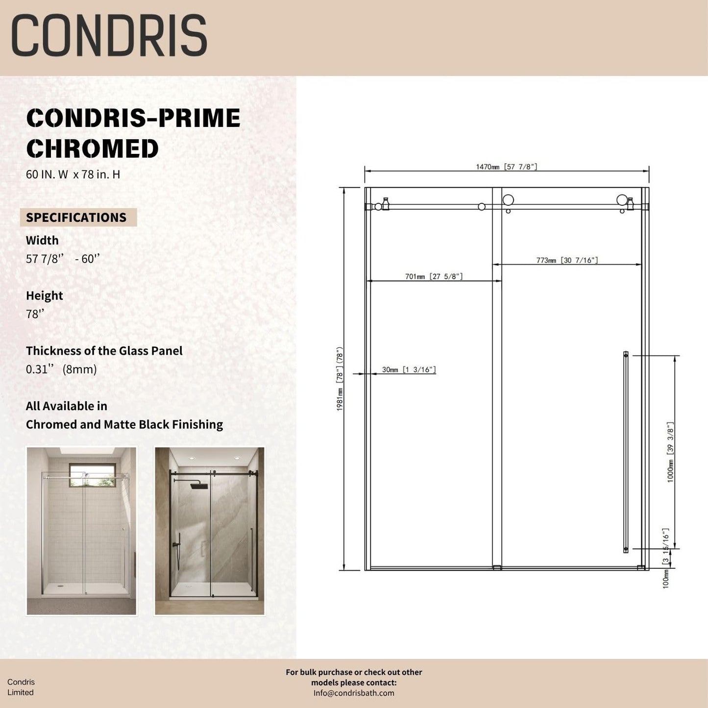 CONDRIS Prime Frameless 60‘’x78’’ Reversible Sliding Shower Door 3/10" (8mm) Thick Tempered Clear Glass with Explosion-Proof Film Nano Coating Stainless Steel Hardware Chromed/Matte Black (Chromed)