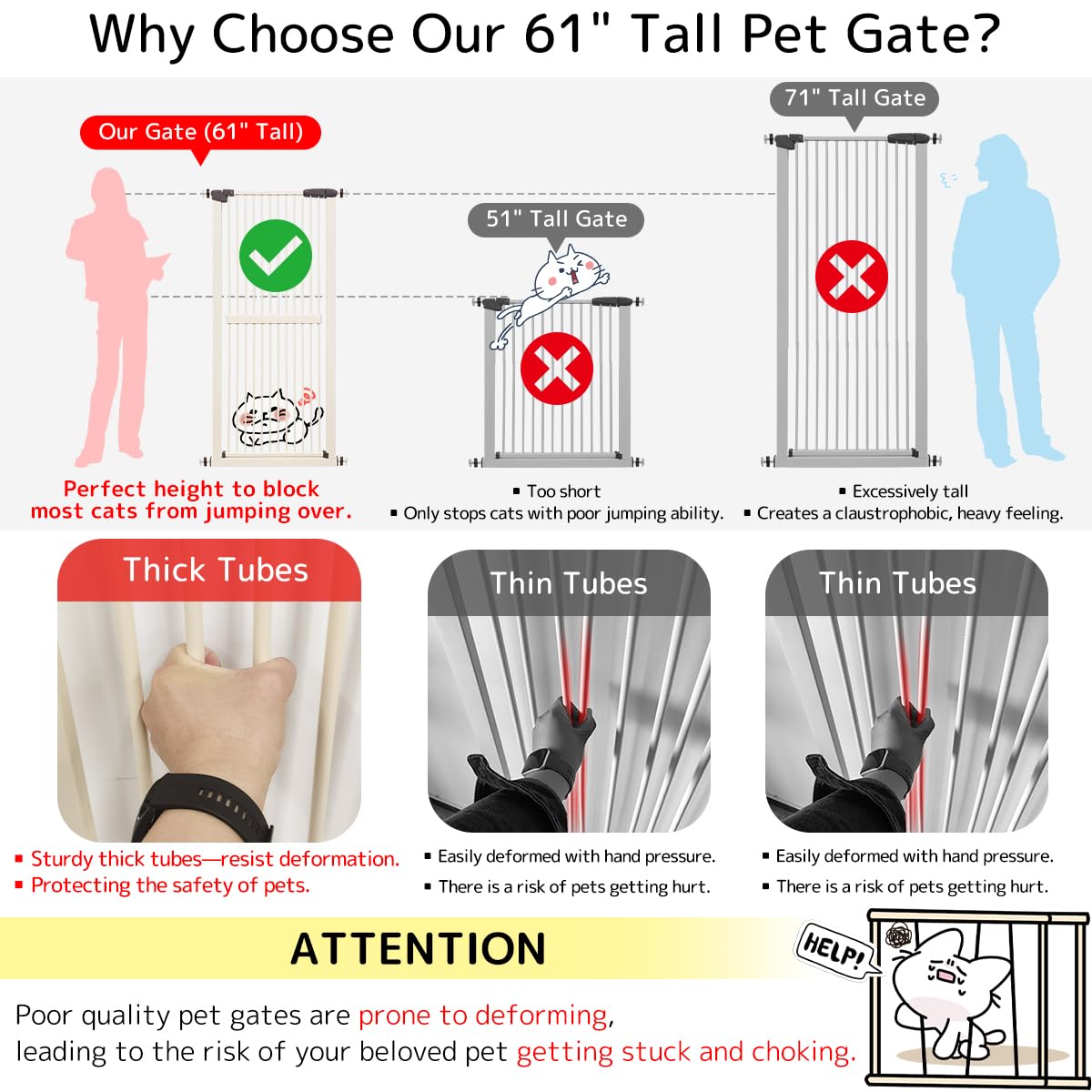 Lumizone Extra Tall Cat Gate 61.02" High Pressure Mounted Extra Wide 26.38"-30.11" (17Sizes) 1.37" Gap No Drilling Auto-Close Tall Pet Gate for Dogs (Cream, 26.38"-30.11" W)