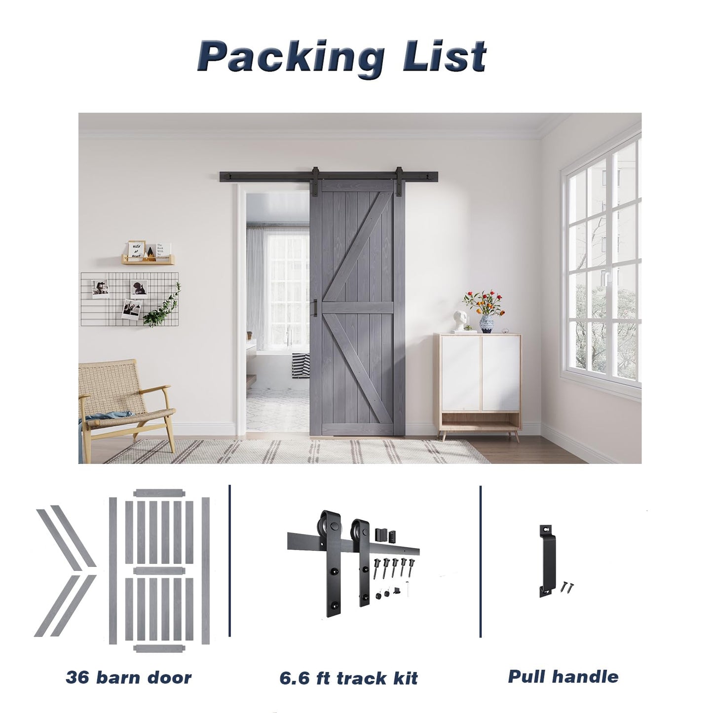 FREDBECK 36in x 96in Gray Wood Barn Door Slab with 6.6ft (79inch) Barn Door Hardware Track Kit Included, Double Surfaces,Simple Assembly is Required,K-Frame,Grey