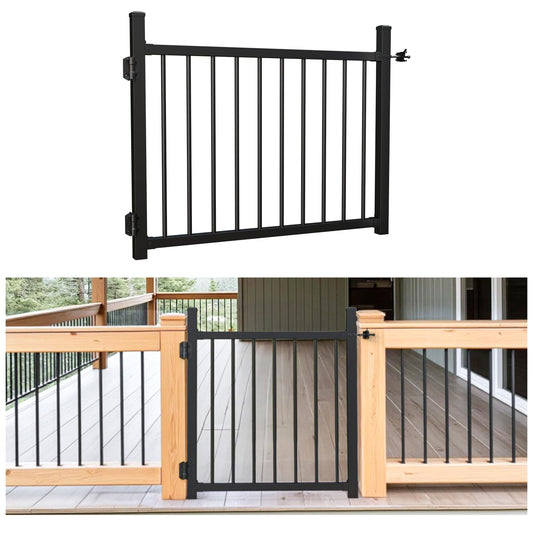 Coliwel 36"x45" Aluminum Gate with Self-Closing Hinges,Round Tube 3/4" pickets,DIY Adjustable Width Black Powder Coated Deck gate Kits Incl. Hinges Latch for Deck Railing Patios Gardens Indoor Outdoor