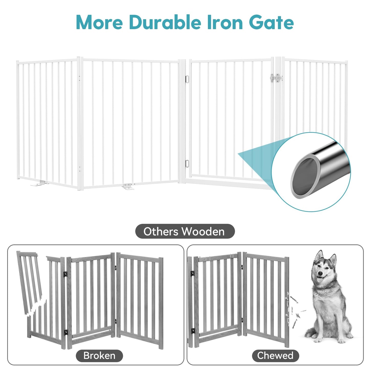 No Pawblems Free Standing Dog Gate with Door, 30'' Tall Foldable Dog Fence for Indoor & Outdoor, Up to 104 Inch Extra Wide Puppy Gate for Stairs, Hallways, Doorways, Deck, Yard (White, 4 Panels)
