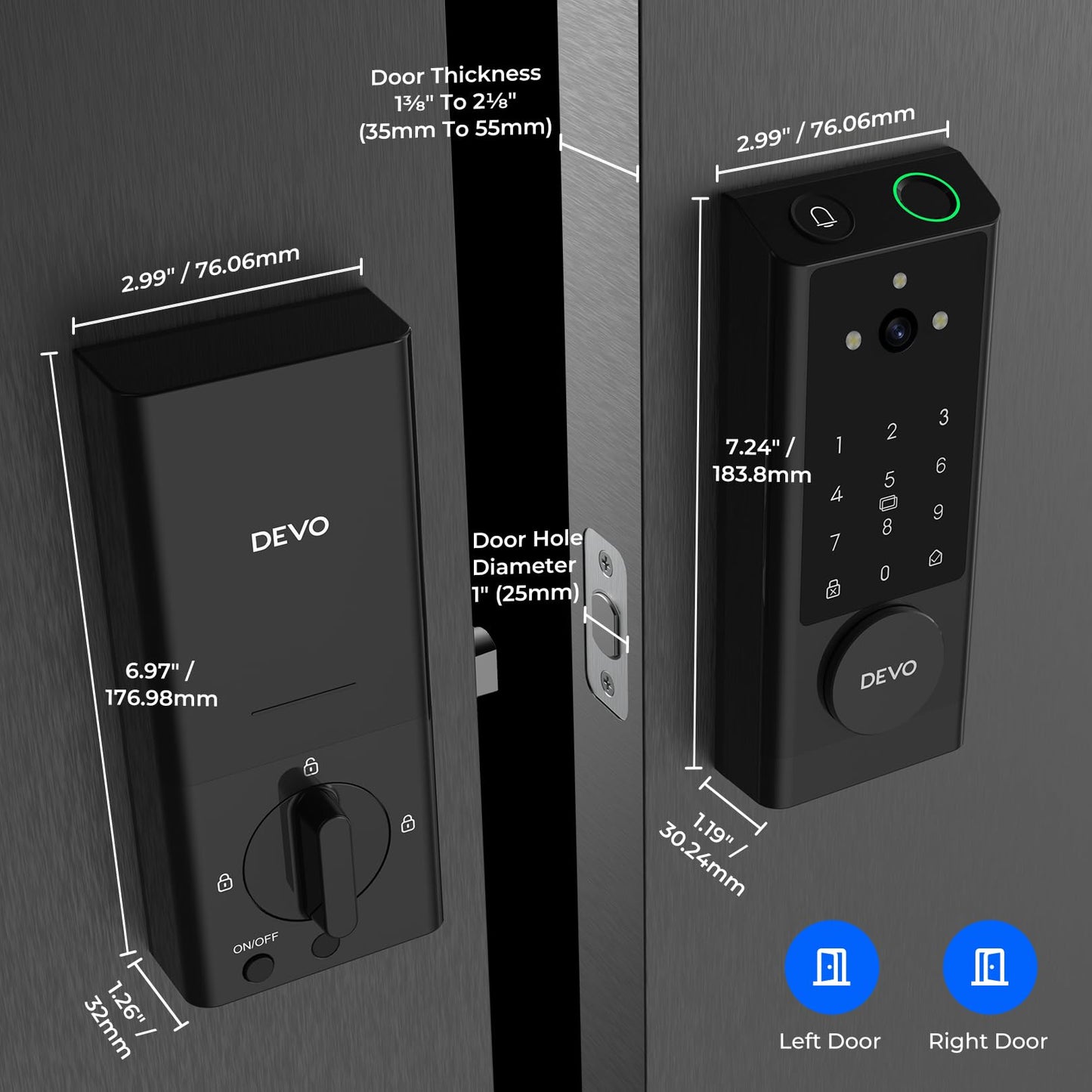 DEVO G1 Rechargeable Keyless Entry Deadbolt- 6-in-1 Smart Lock with Camera & Doorbell, Wi-Fi Smart Door Lock for Front Door with Fingerprint, Auto Locks, App Remote Black