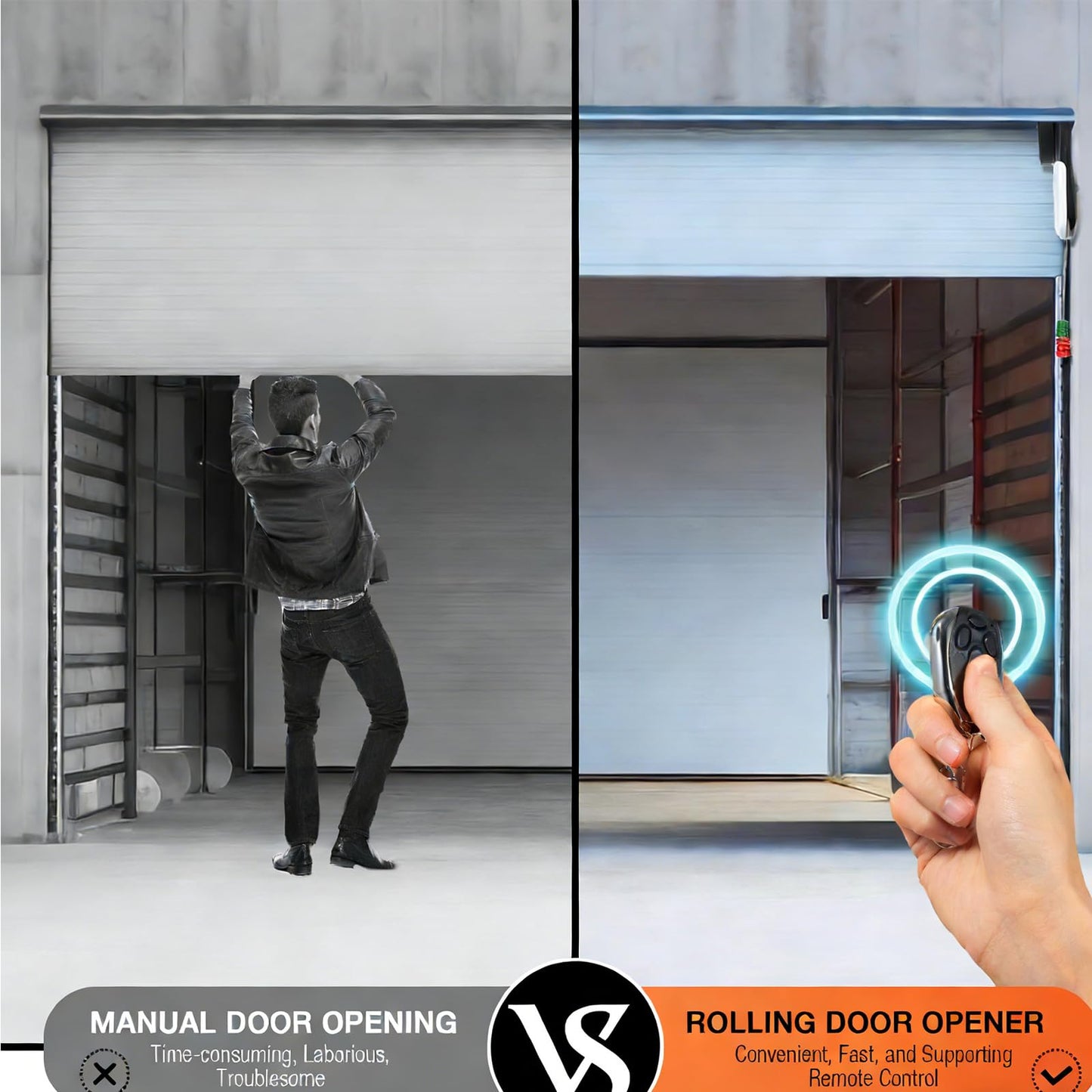 100W Auto Roller Door Opener, 800N Commercial Side Mount Garage Rolling Opener, AC110V Garage Door Opener Roller LED Indicator Light w/Two 164ft Control Distance Controls, Two Hanging Handles