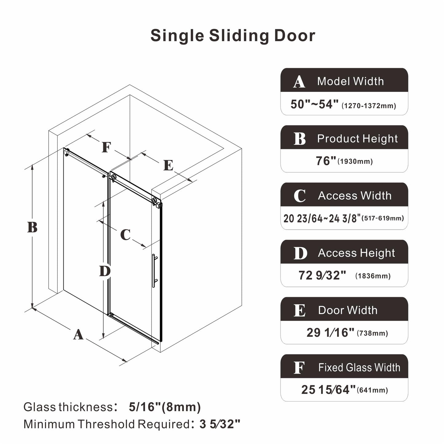 50-54" W x 76" H Frameless Sliding Shower Door, 5/16" (8mm) Clear Tempered Glass with Easy-Clean Coating, Sliding Glass Shower Door for Bathroom, Stainless Steel Hardware (Brushed Gold, 54" W x 76" H)