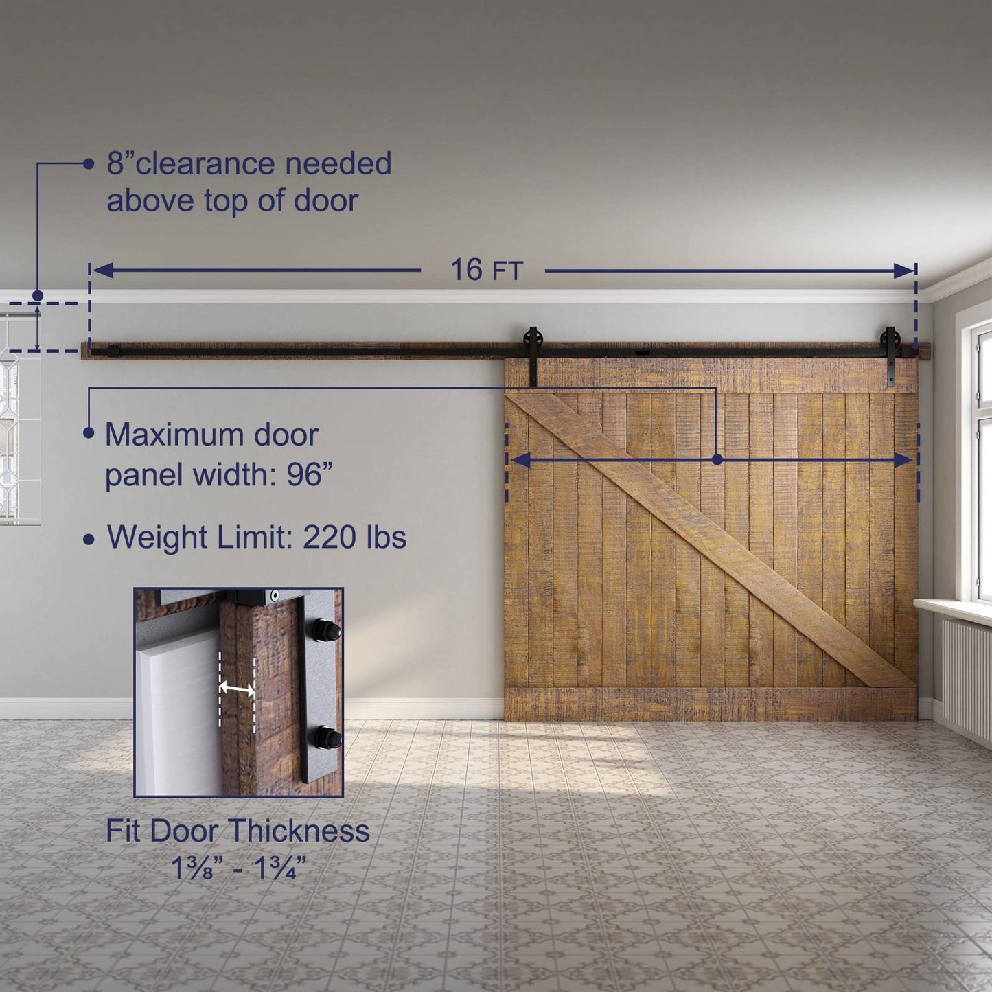 SMARTSTANDARD 16 Feet Heavy Duty Sliding Barn Hardware Kit, 4FT - 18FT, Black, Smoothly and Quietly, Simple and Easy to Install, Fit 96" Wide Door Panel (Industrial Bigwheel Hangers)