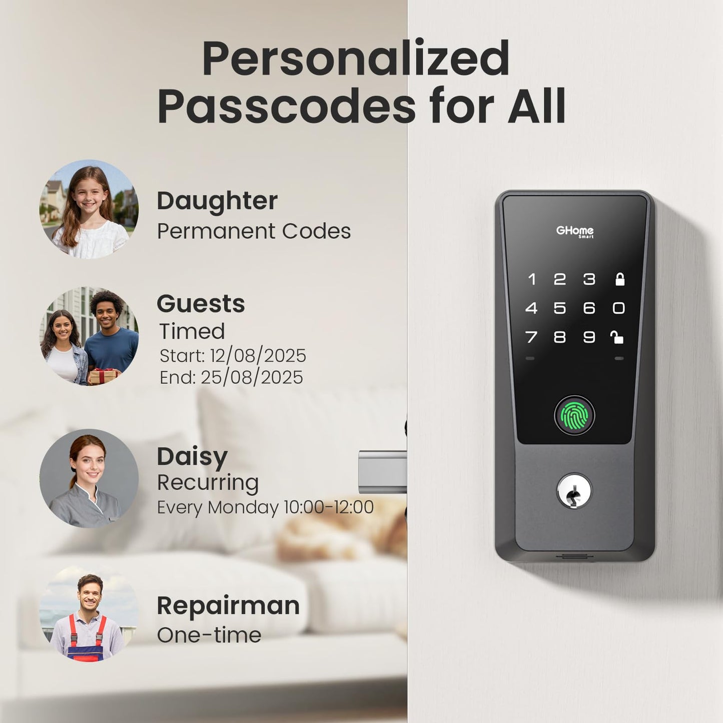 GHome Smart WiFi Deadbolt Locks for Front Door, 5-in-1 Fingerprint Keyless Entry Door Lock, Indoor Smart Lock for Home Hotel with 10000mAh Battery, Work with Alexa & Hey Google, App Control, Auto Lock