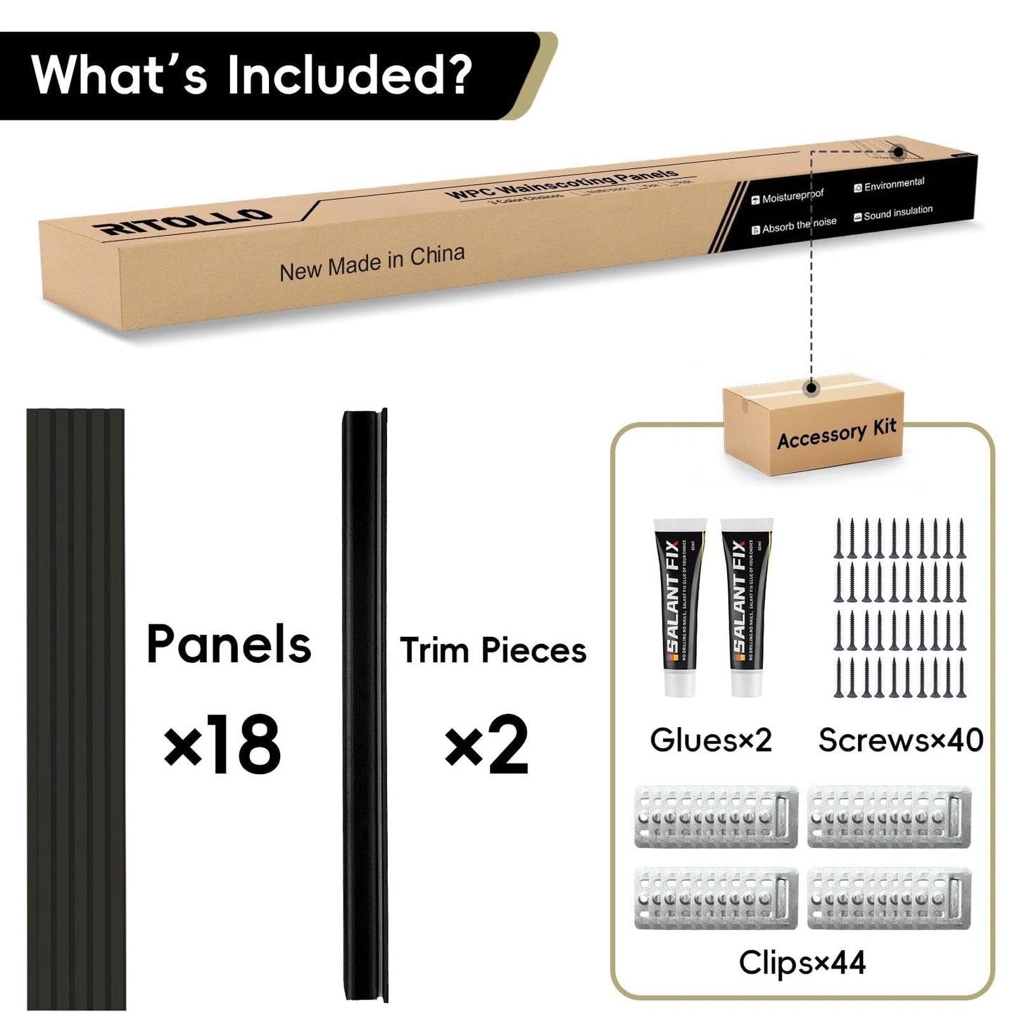 RITOLLO 18Pack WPC Wainscoting Panels, 48.2 x 6.2 Inches 3D Accent Slat Wall Panels for Interior Wall Decor, Fluted Wood Paneling for Living Room, TV Background, Office, Bedroom(Matte Black)
