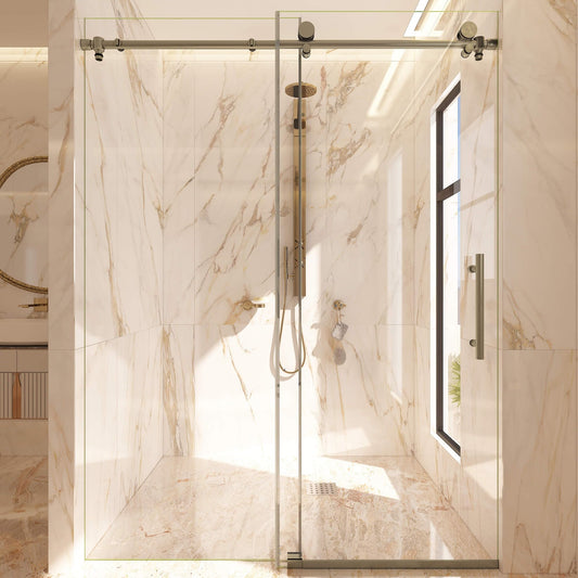 Fab Glass and Mirror Frameless Sliding Shower Door 48" X 72", Adjustable Width 44-48", 5/16" Thick Tempered Glass, Brushed Nickel