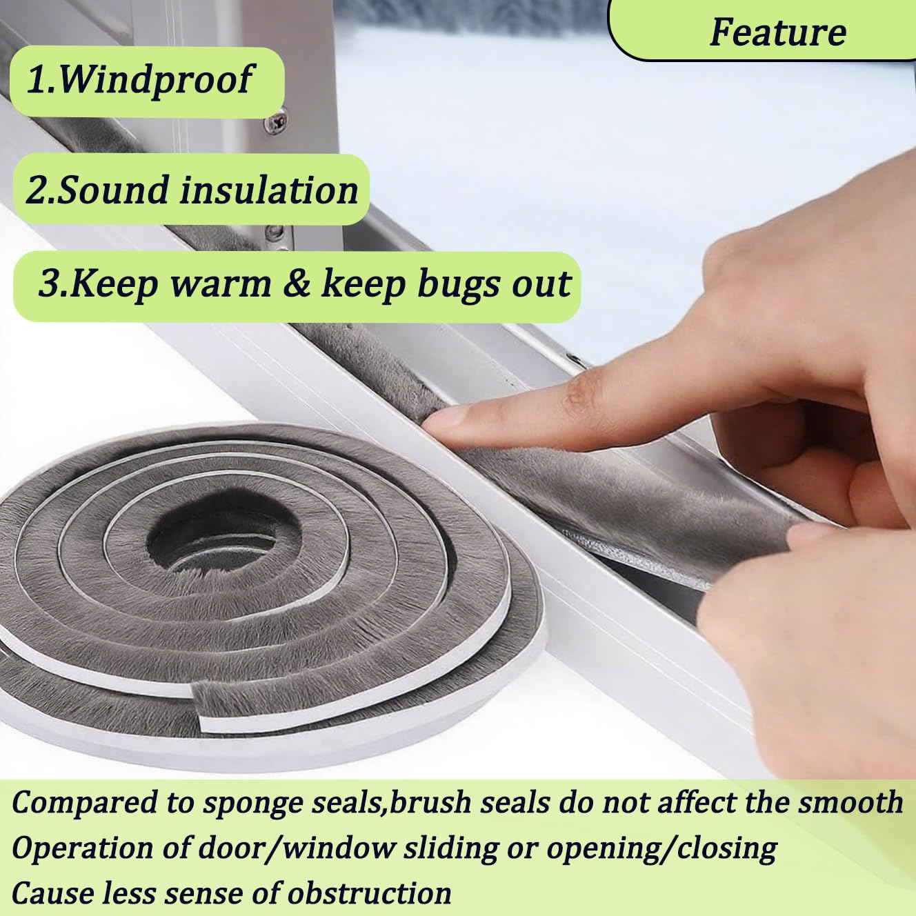 ZOMPAGO Strong Adhesive Brush Weather Stripping 0.9in (T）x 0.4in (W) x 33FT, Grey, Door Seal for Sliding Windows & Doors, Soundproof Noise Blocker, Draft Stopper for Garage Door Frame & Exterior Doors