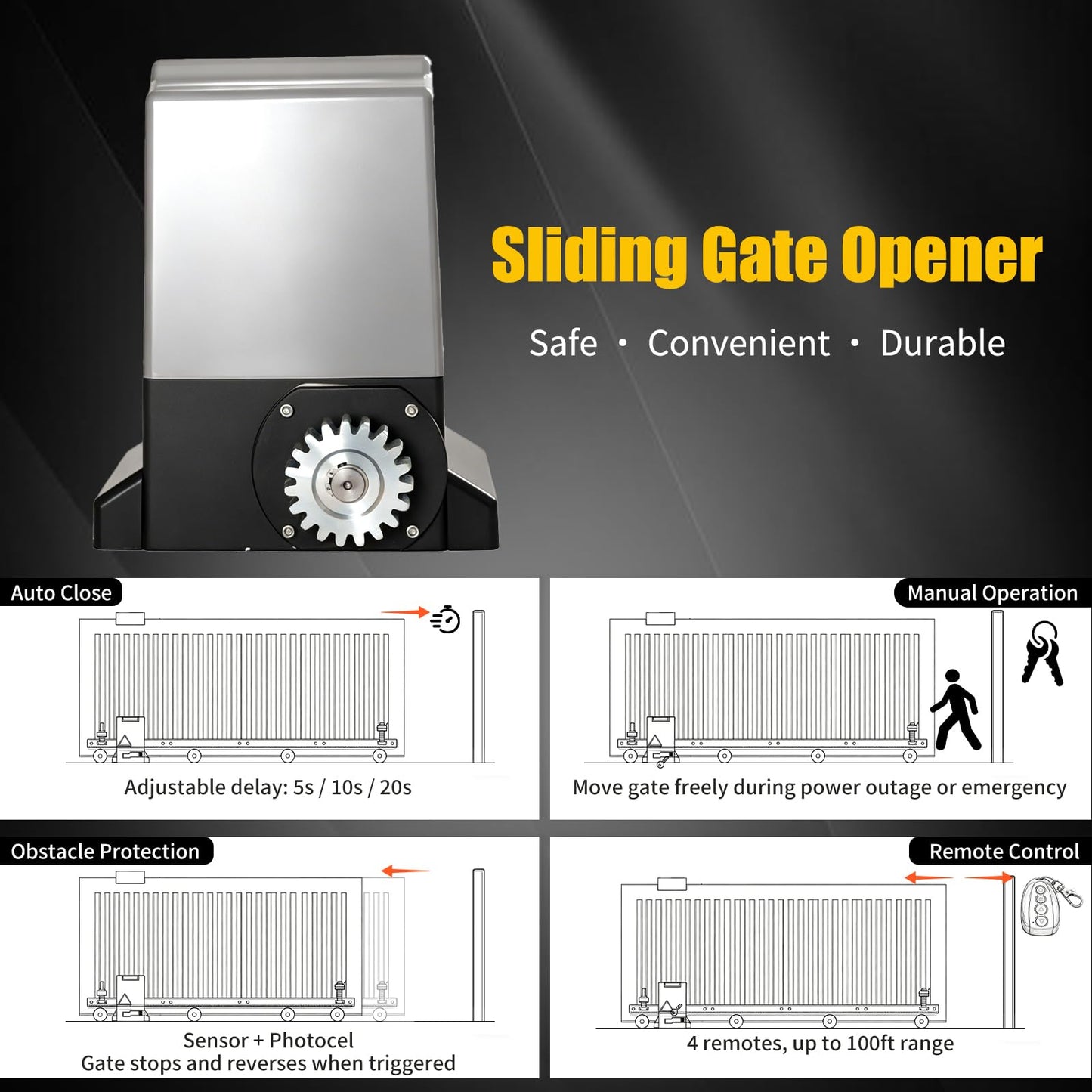 1800Lbs Heavy Duty Sliding Gate Opener, 370W AC Automatic Gate Motor with Nylon Rack, No Welding Electric Gate Opener Kit with 4 Remote Controls, DIY Easy Installation, Up to 40ft Sliding Gate