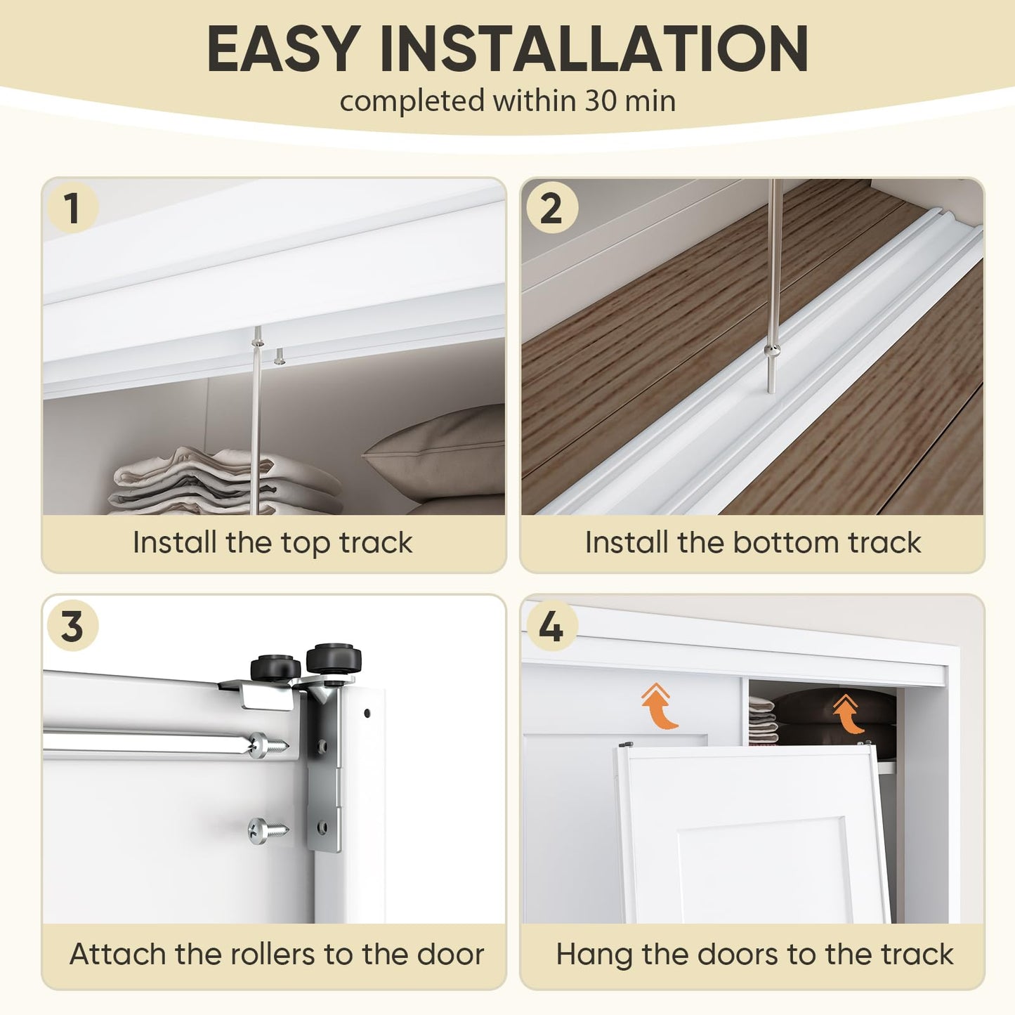 JUBEST Sliding Closet Door 48"(Double 25") x80", 1-Panel Steel Frame Bypass Primed Door with Top & Bottom Track Kits, Preassembled Hardboard Panels with Paintable Surface, Durable & Sturdy