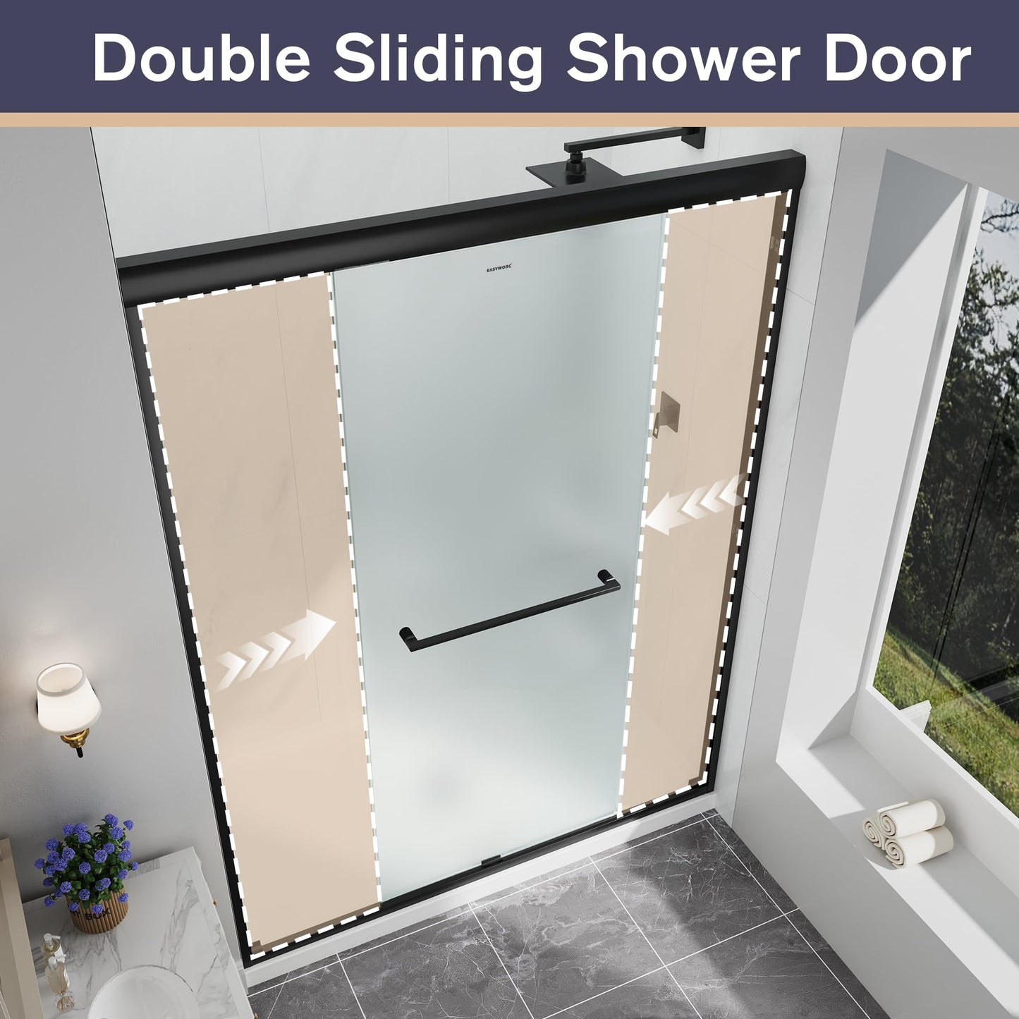 EASYWORC Double Sliding Shower Door, 49"-54" W x 70" H Semi-Frameless Frosted Shower Door, 1/4'' (6mm) Frosted SGCC Tempered Glass with Nano Coating and Explosion-Proof Film, Matte Black