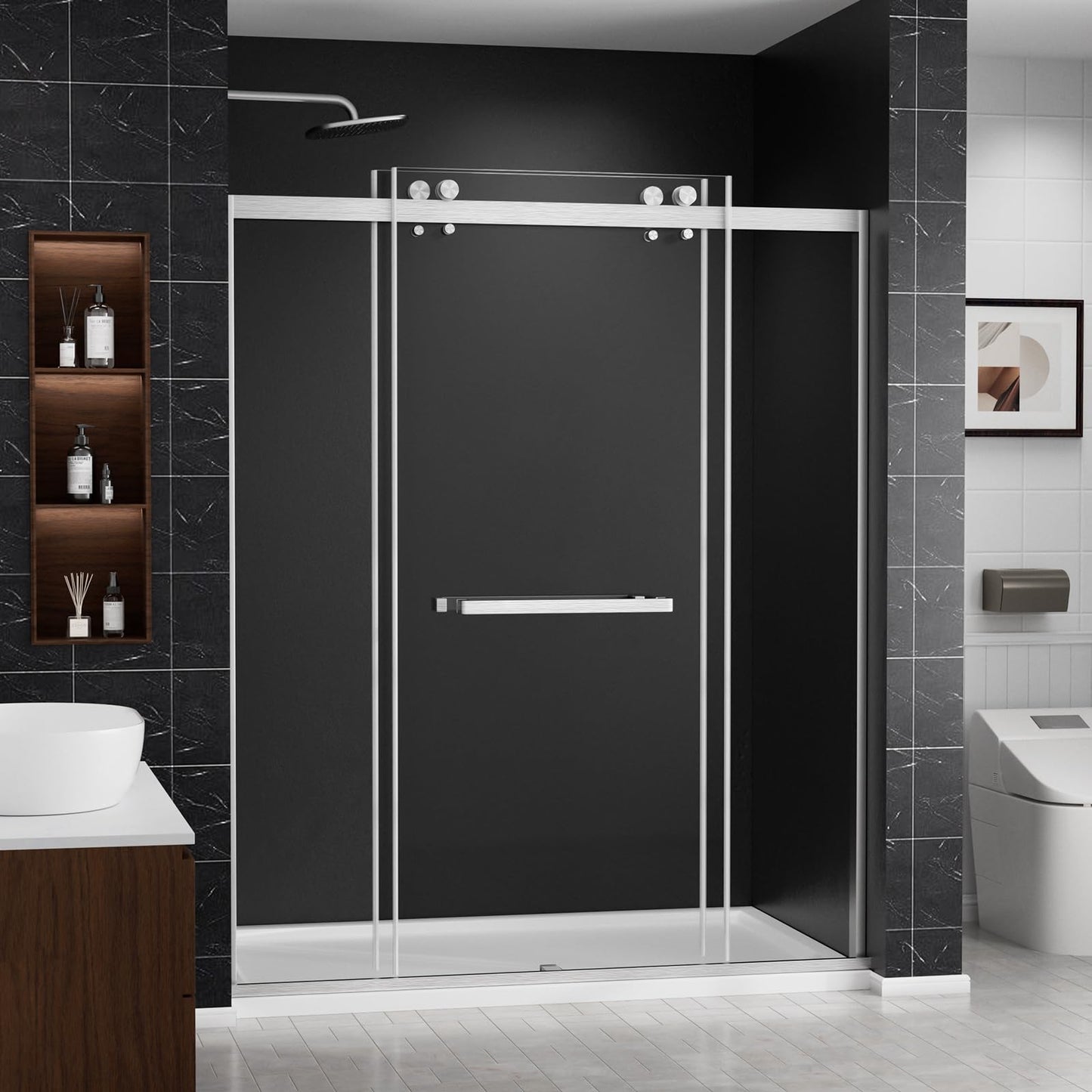 chunnwin Frameless Double Sliding Shower Door 56-60" W x 76" H, 1/4"（6mm） Tempered Glass Two Horizontal Handles Easy Clean Stainless Steel Hardware Brushed Nickel